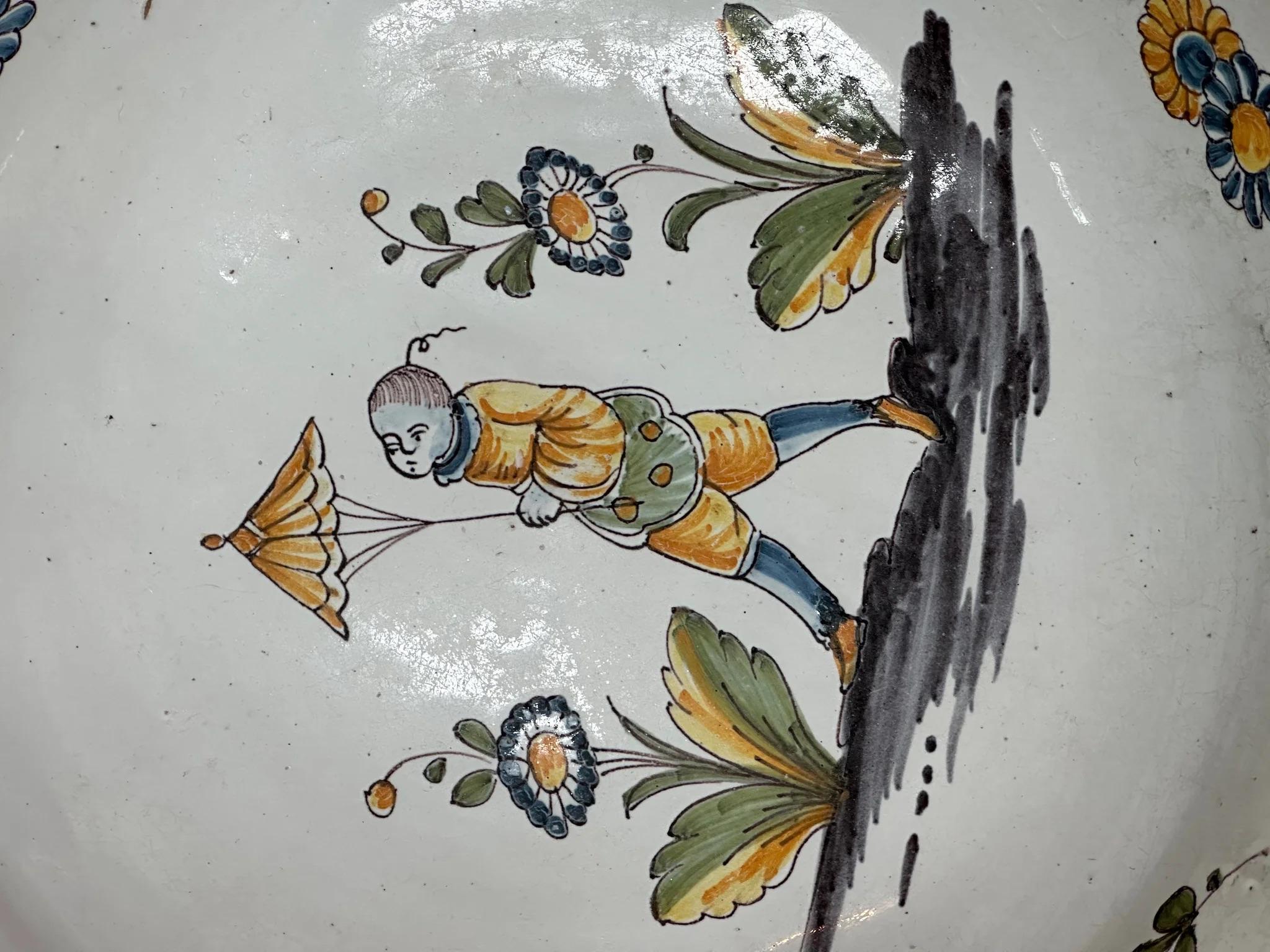18th Century and Earlier Charming French Faience Serving Bowl with Chinoiserie Figure For Sale