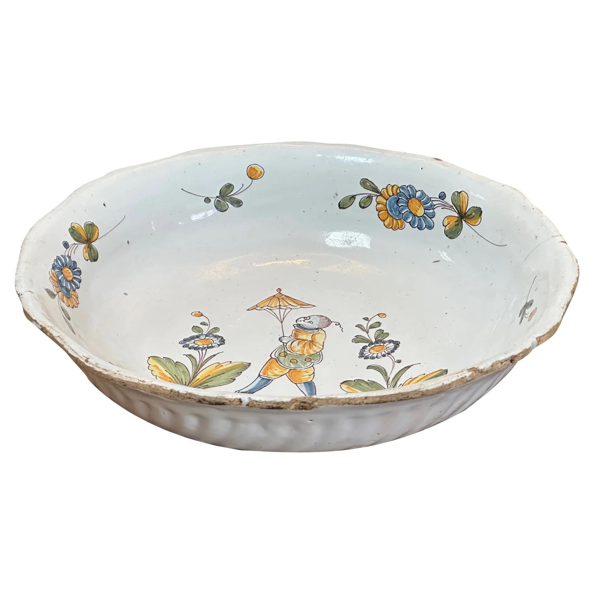 Charming French Faience Serving Bowl with Chinoiserie Figure For Sale