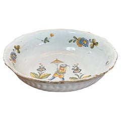 Antique Charming French Faience Serving Bowl with Chinoiserie Figure