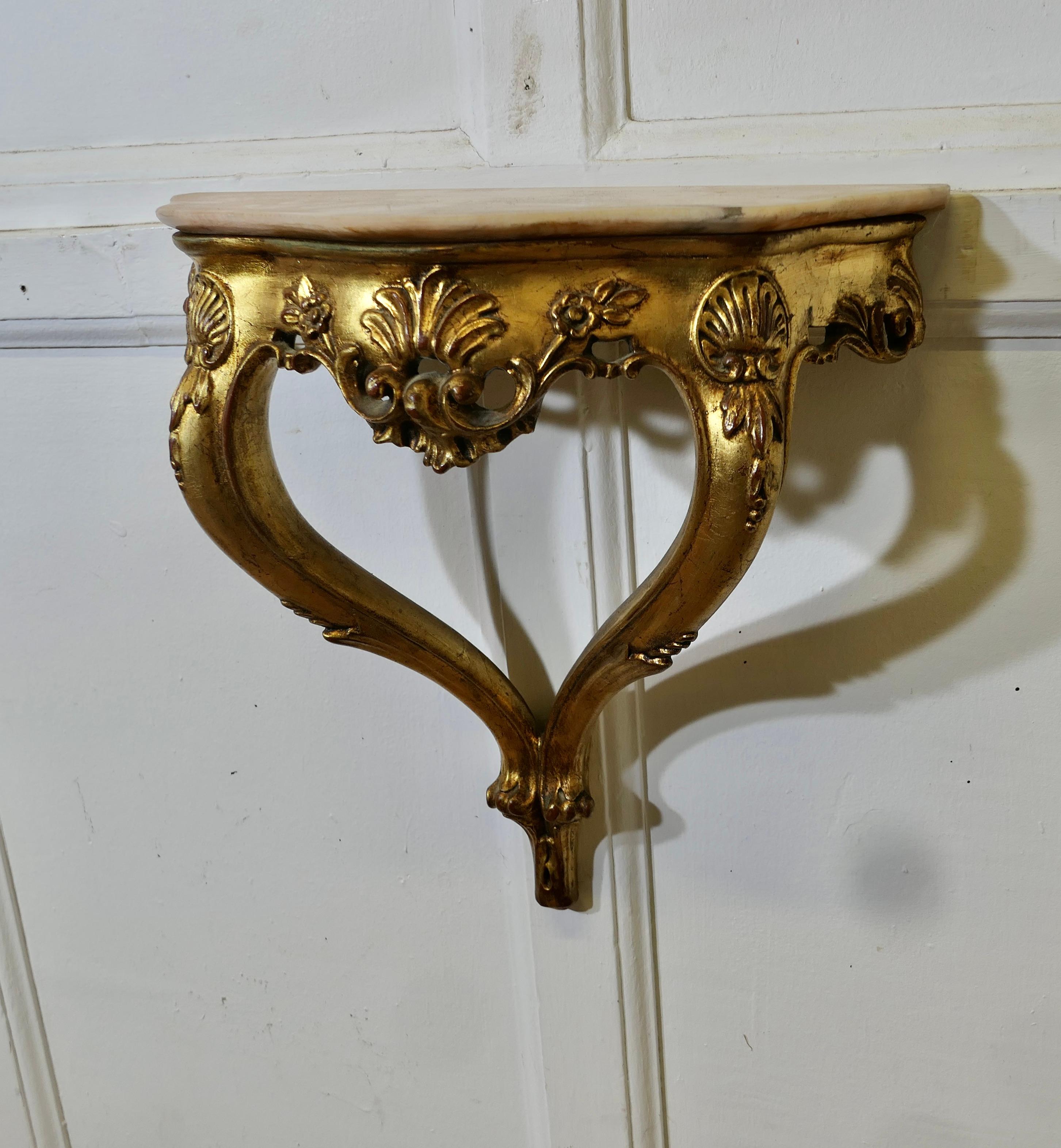 French Provincial Charming French Gilt and Marble Console Hall Table, Wall Shelf