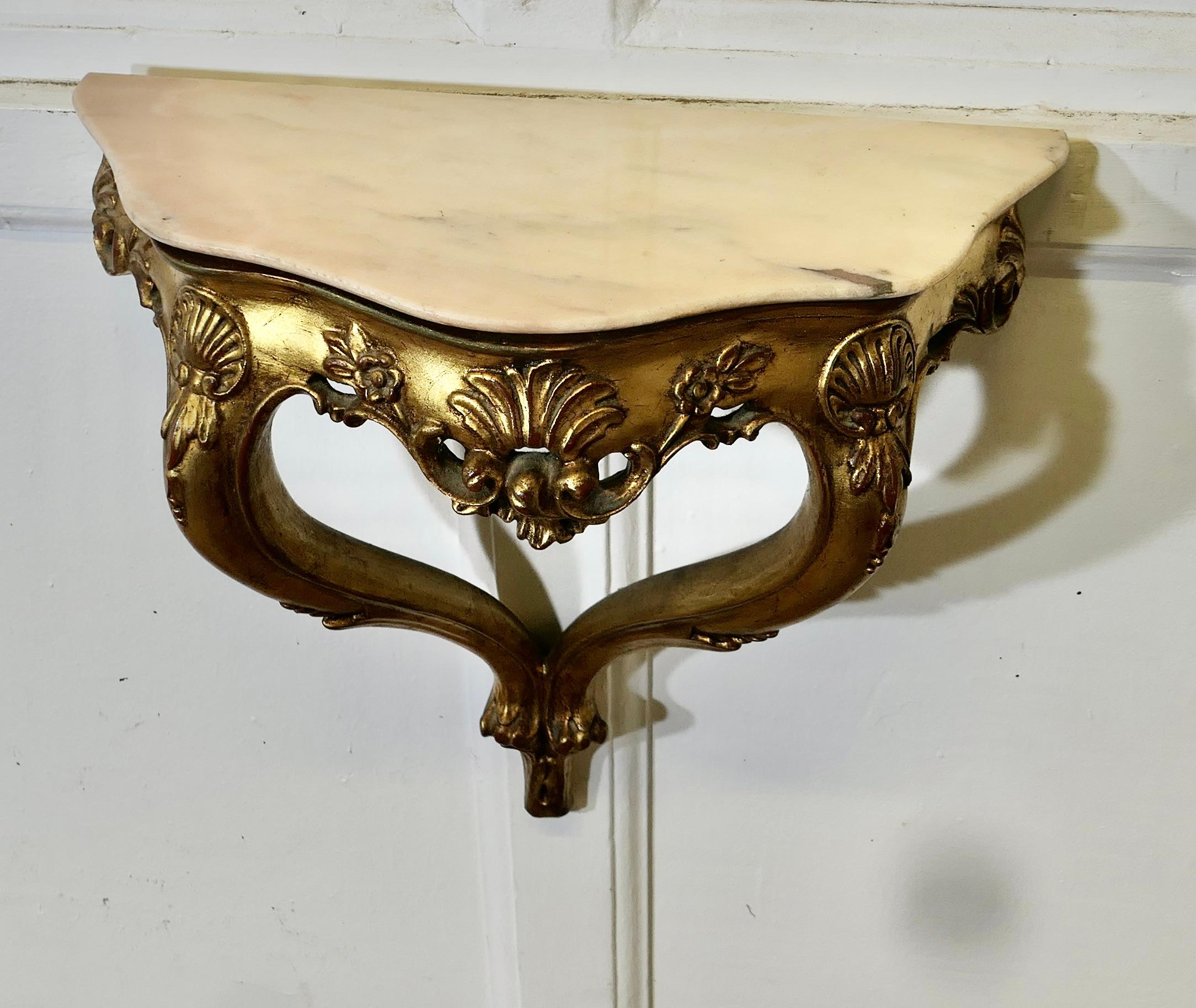 19th Century Charming French Gilt and Marble Console Hall Table, Wall Shelf