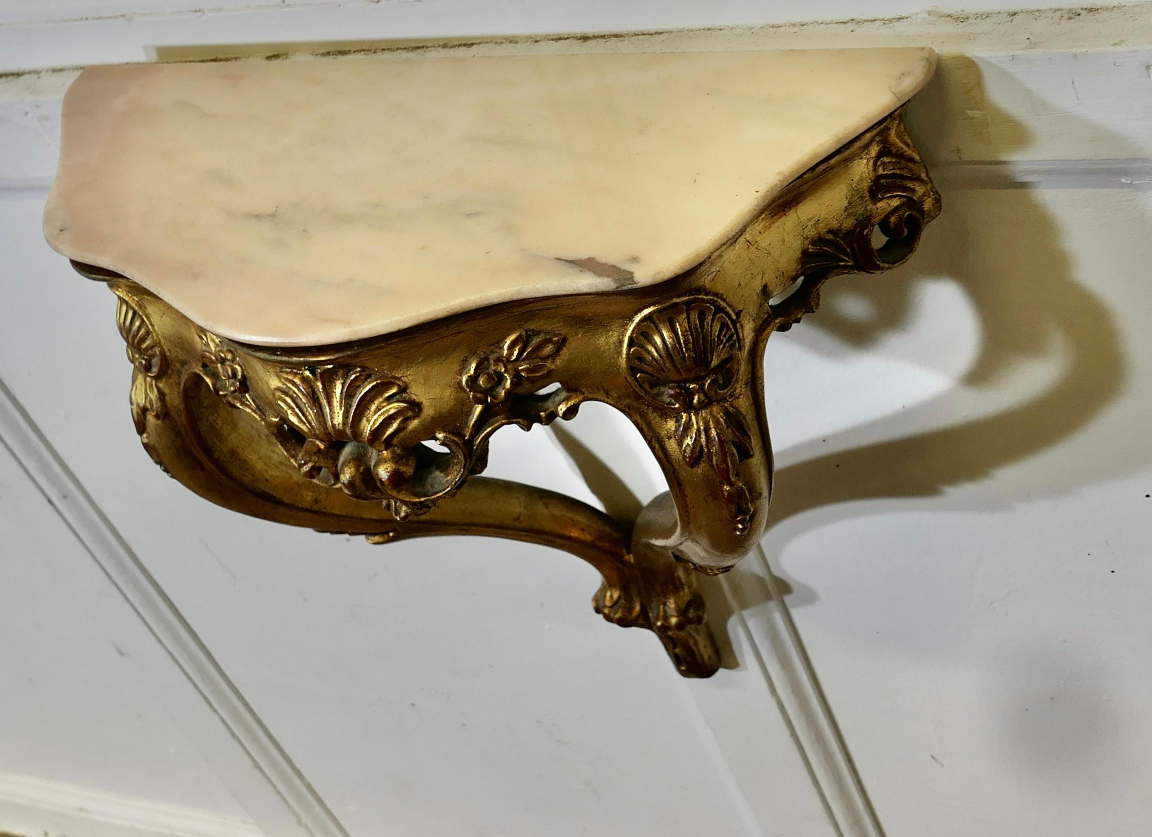 Charming French Gilt and Marble Console Hall Table, Wall Shelf 1