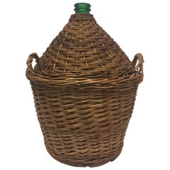 Charming French Green Wine Bottle Encased in Wicker