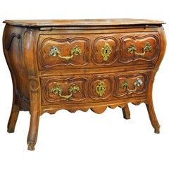 Charming French Provincial Carved Louis XV Style Two-Drawer Walnut Bombe Commode