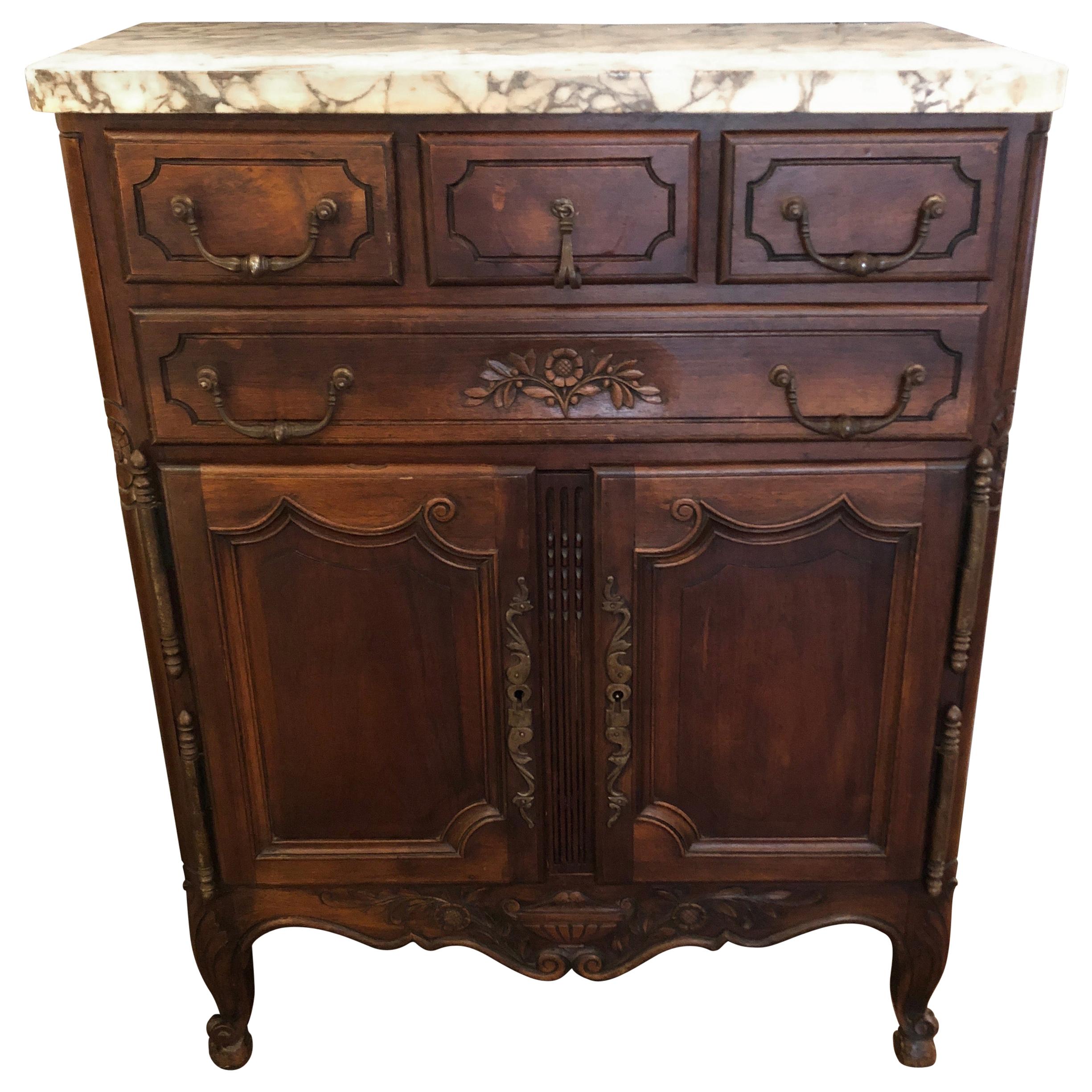 Charming French Provincial Marble-Top Carved Walnut Cabinet