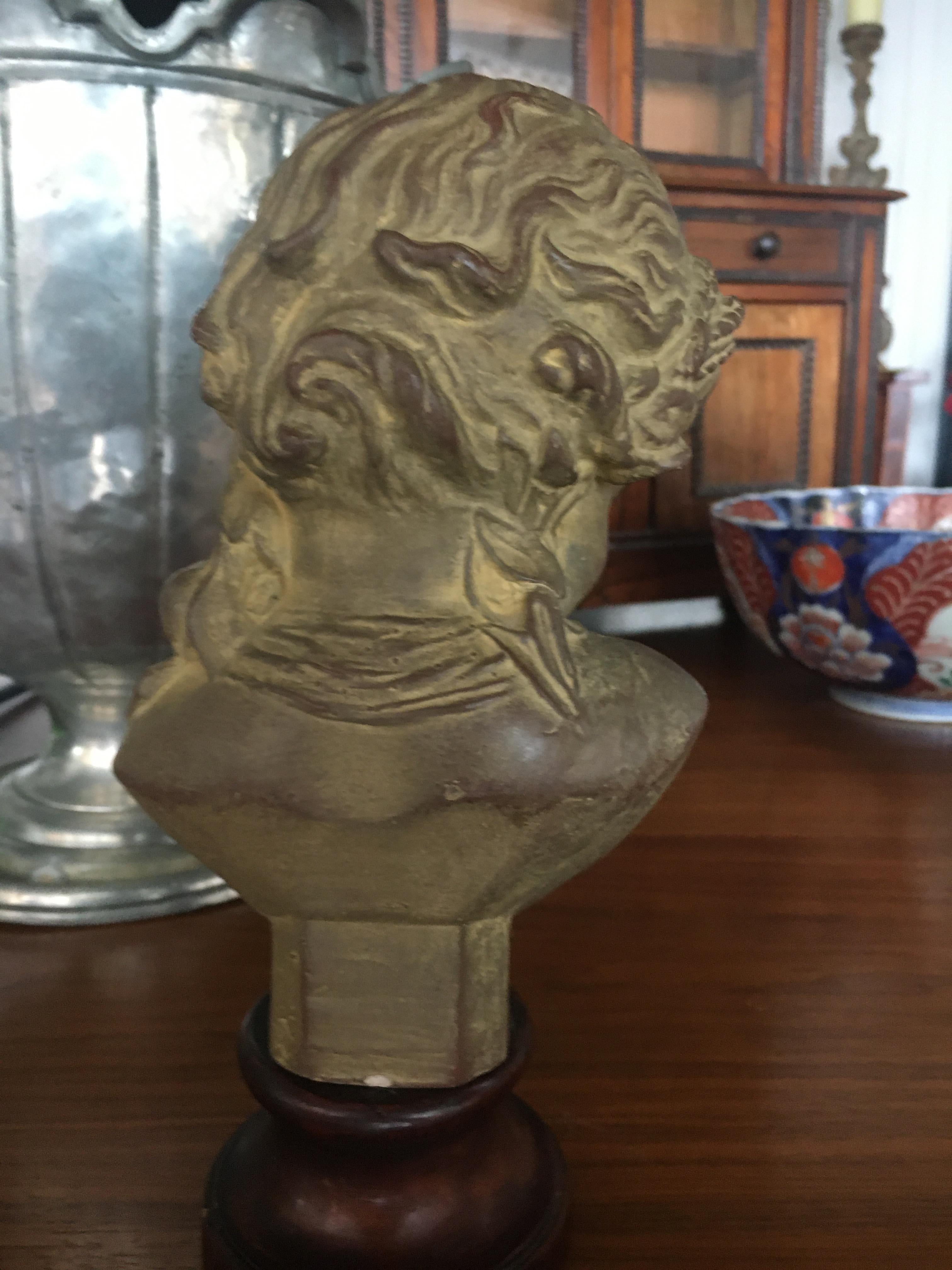 Charming French Terracotta Bust on Ebonized Wood Base Depicting Young Child. In Good Condition For Sale In Buchanan, MI