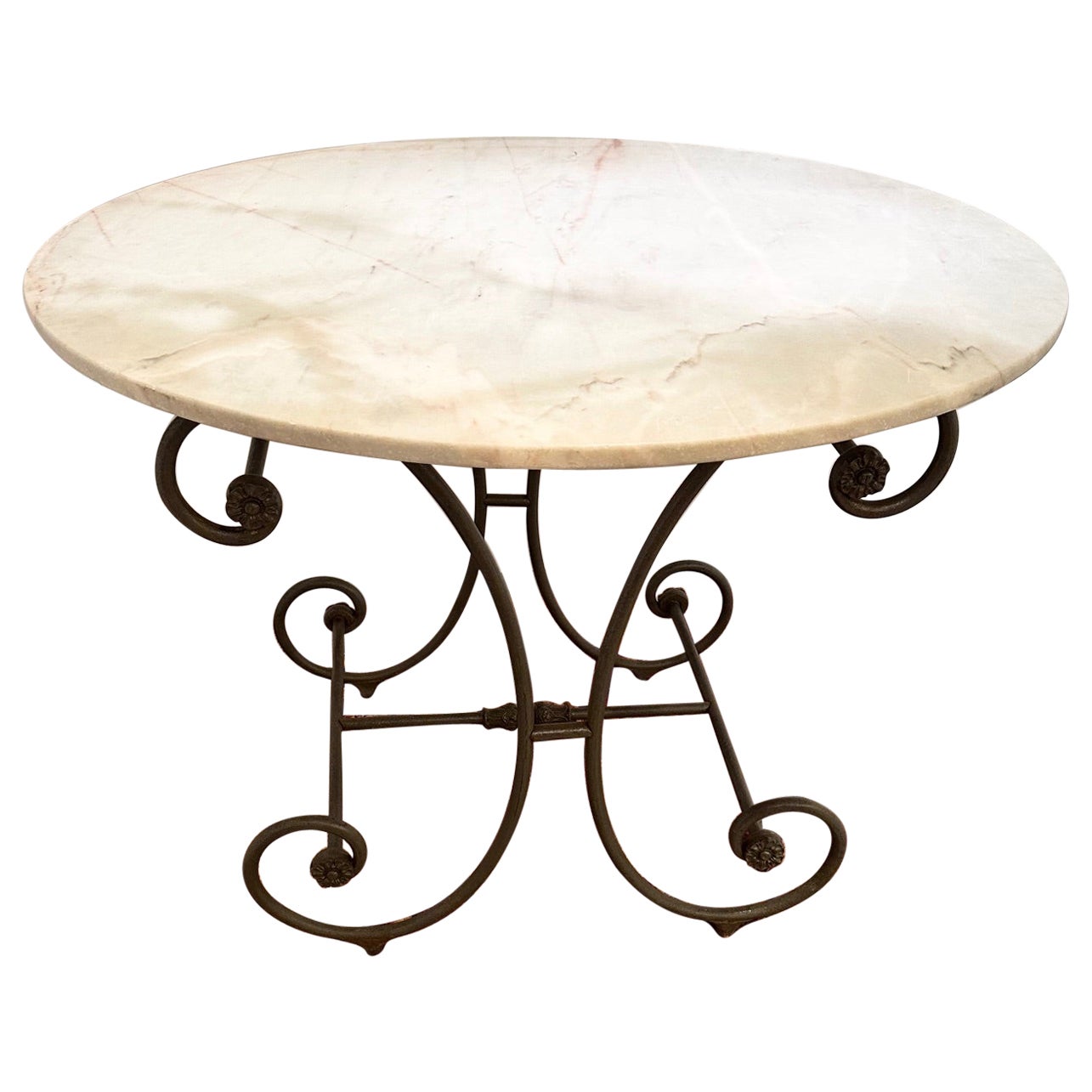 Charming French Vintage Iron and Marble Cafe Round Dining Table