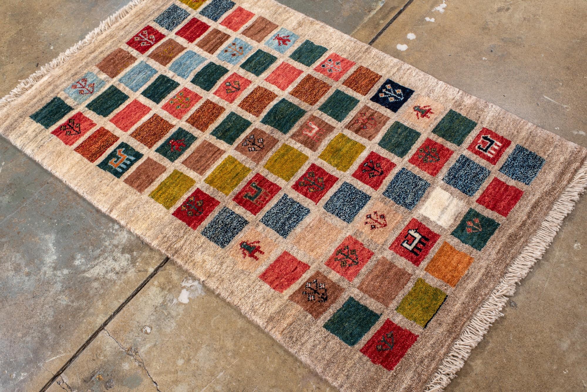 Wool Charming Gabbeh Rug with Multicolor Tribal Motifs For Sale