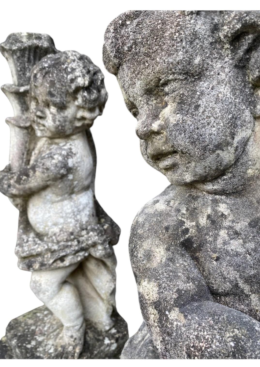 Charmantes sculptures en pierre pour le jardin - Lot de 2 chérubins 2