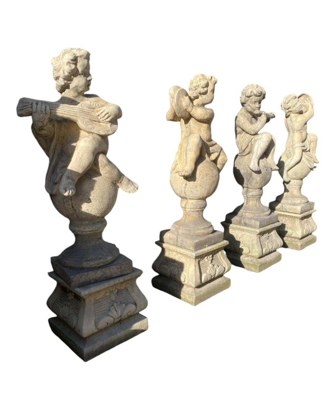 Charmantes sculptures en pierre pour le jardin - Lot de 4 chérubins en vente 5