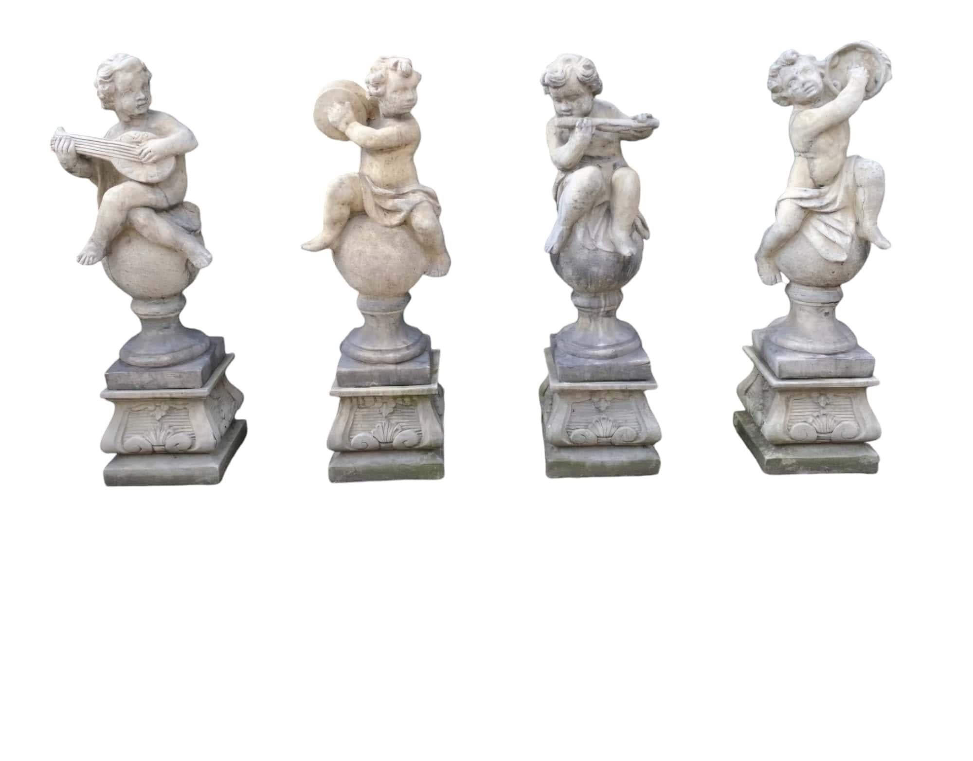 Pierre Charmantes sculptures en pierre pour le jardin - Lot de 4 chérubins en vente