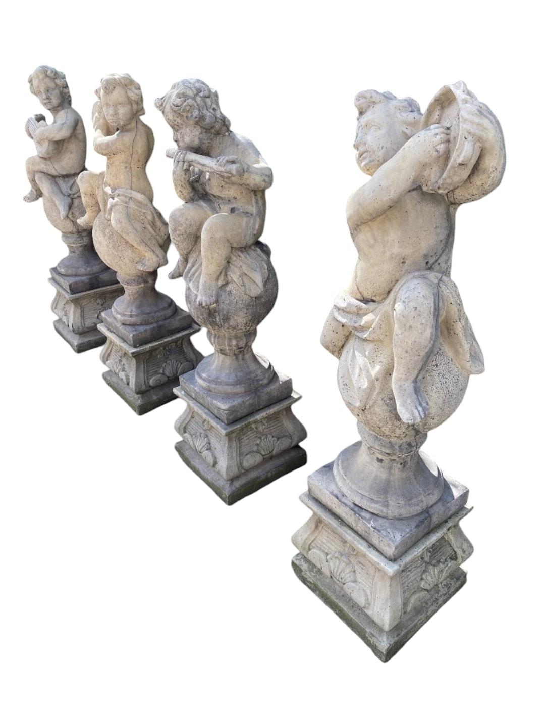 Charmantes sculptures en pierre pour le jardin - Lot de 4 chérubins en vente 4