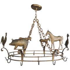Charming Gilt Metal Pot Rack with Farm Animals, circa 1940