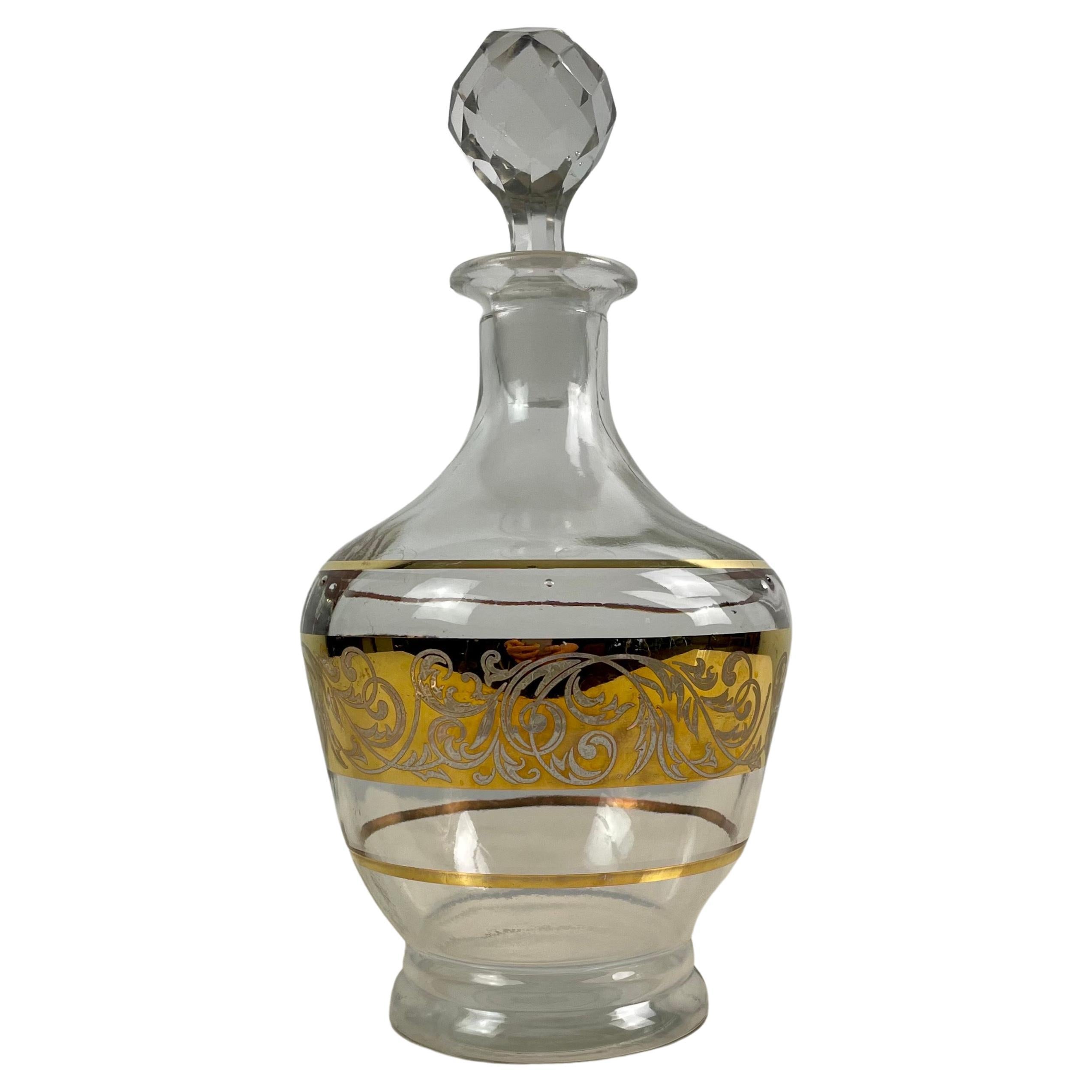 Art deco decanter in gilded glass and gilded foliage bandage, 1950, France  For Sale
