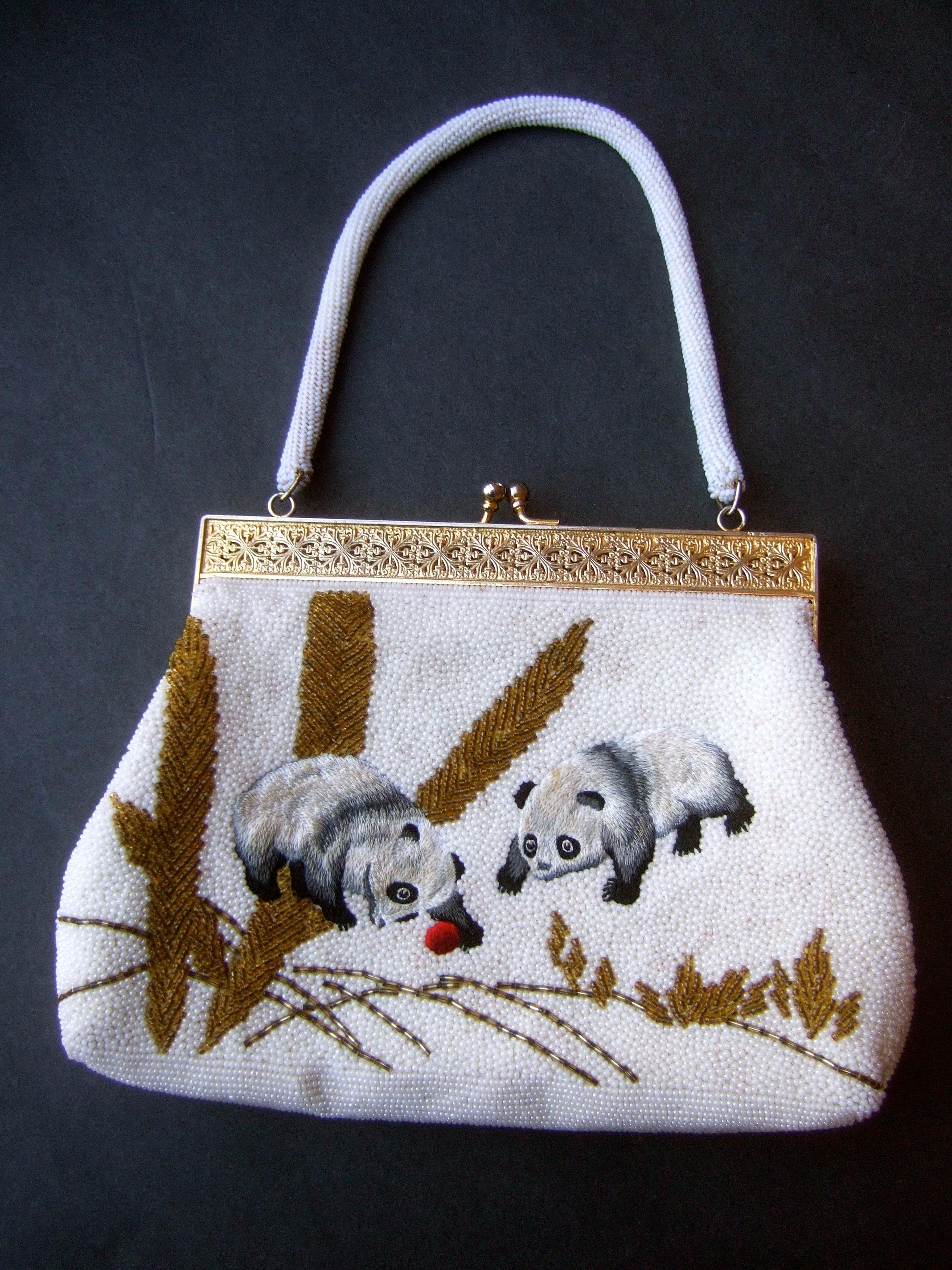 Charming Glass Hand Beaded Embroidered Panda Evening Purse c 1960s  2
