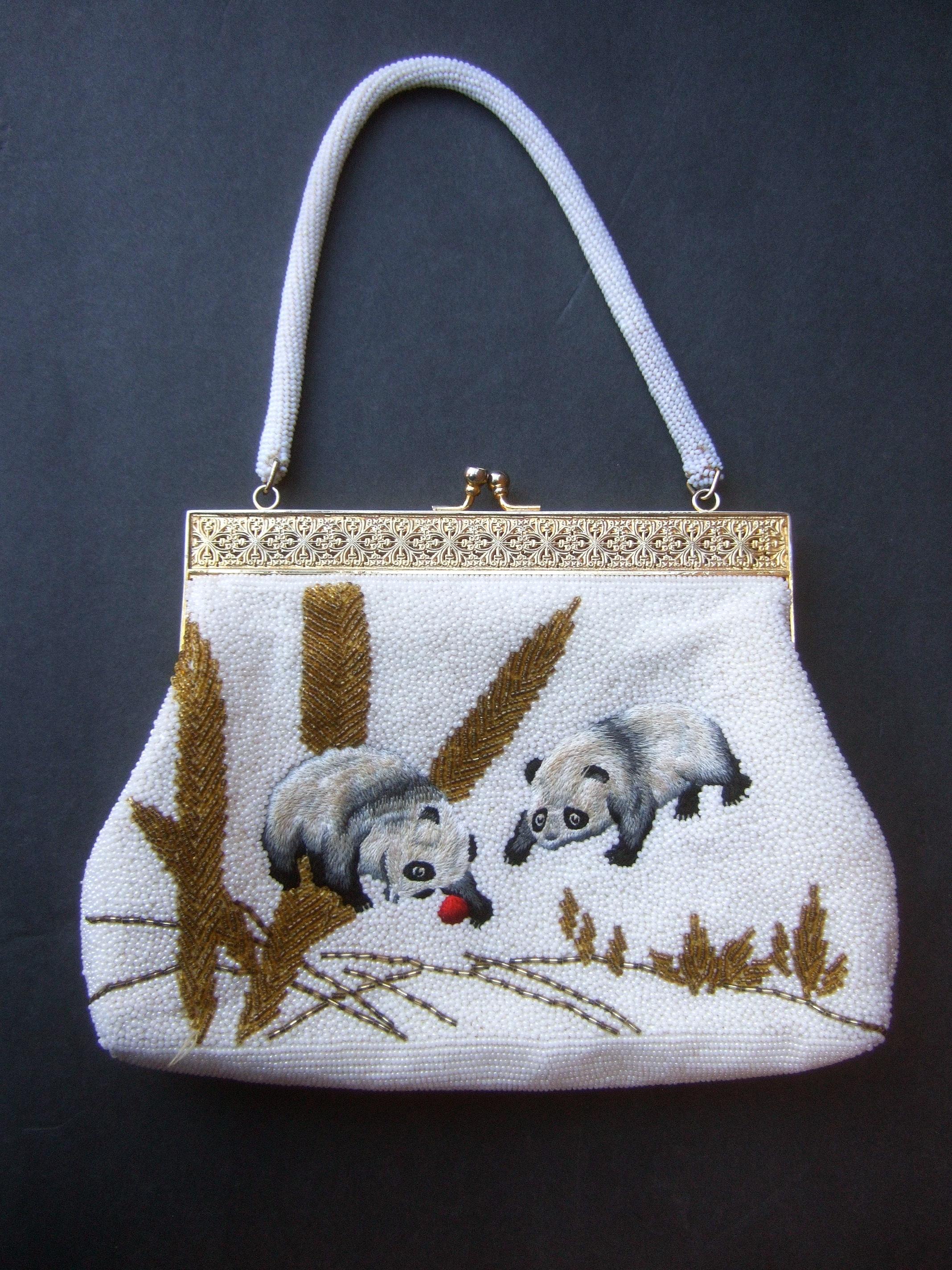 Charming Glass Hand Beaded Embroidered Panda Evening Purse c 1960s  3