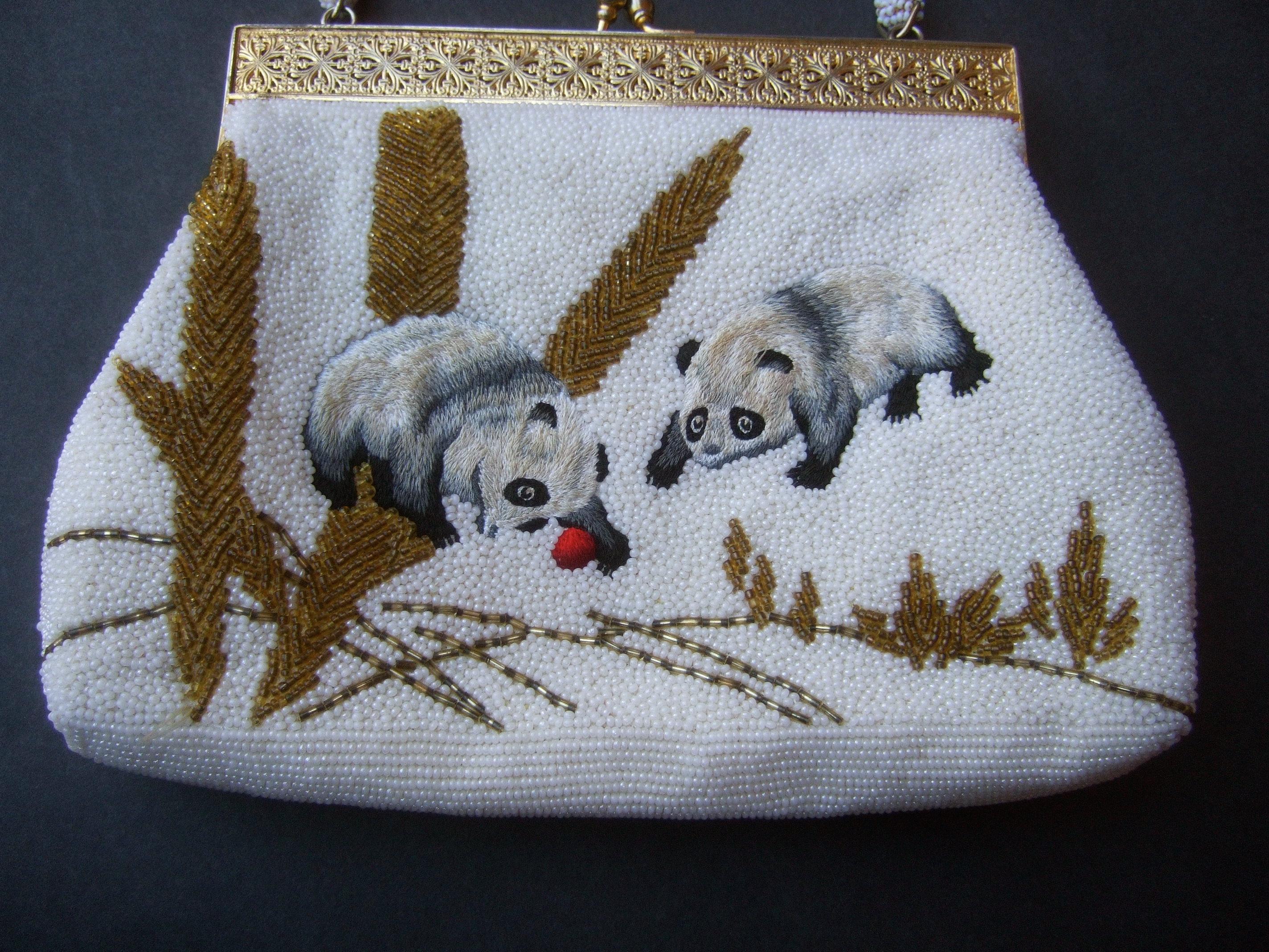 Charming Glass Hand Beaded Embroidered Panda Evening Purse c 1960s  4