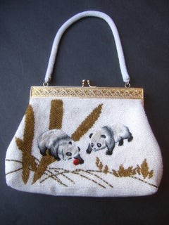 Charming Glass Hand Beaded Embroidered Panda Evening Purse c 1960s