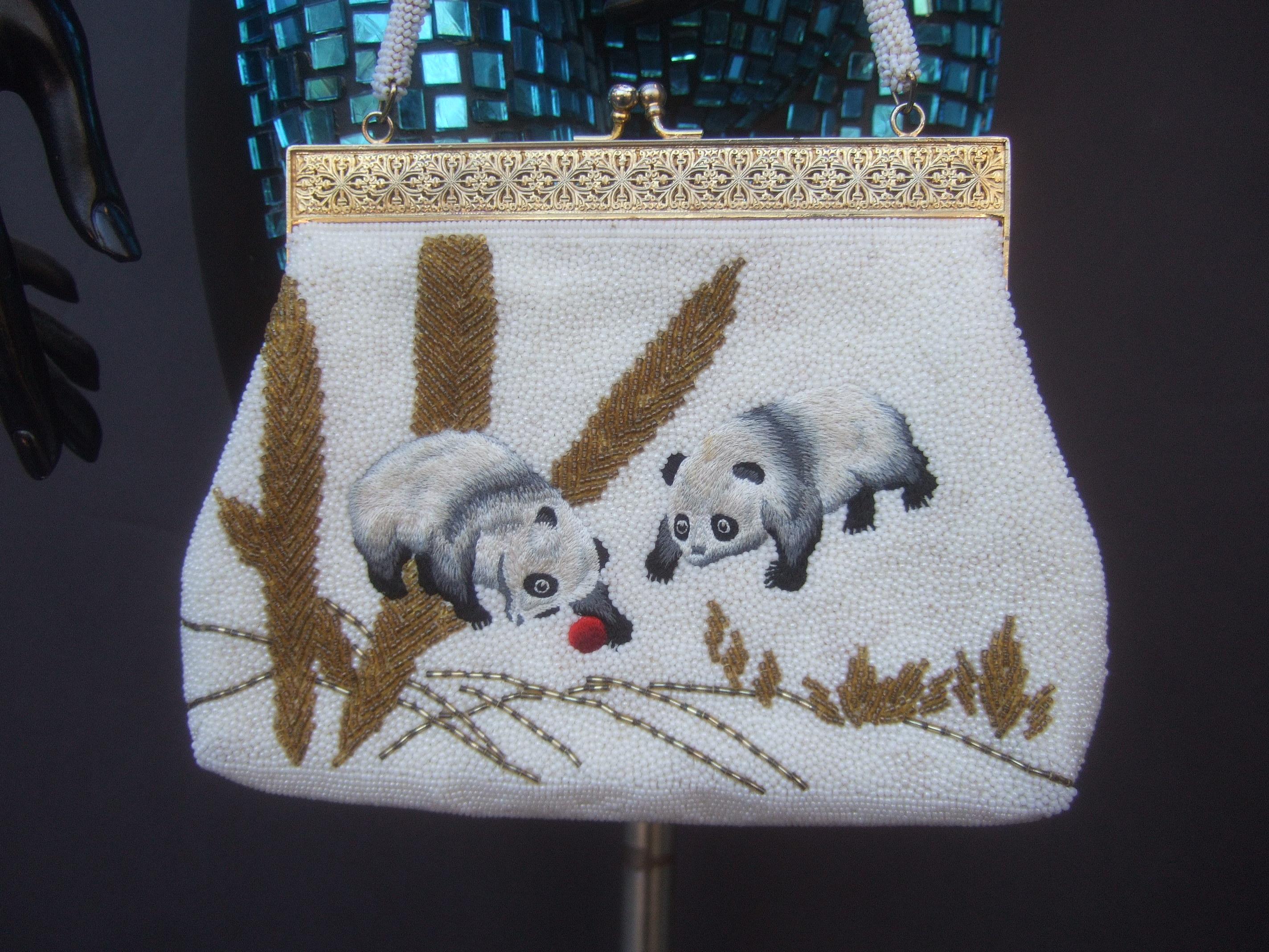 Charming Glass Hand Beaded Embroidered Panda Evening Purse c 1960s  In Good Condition In University City, MO