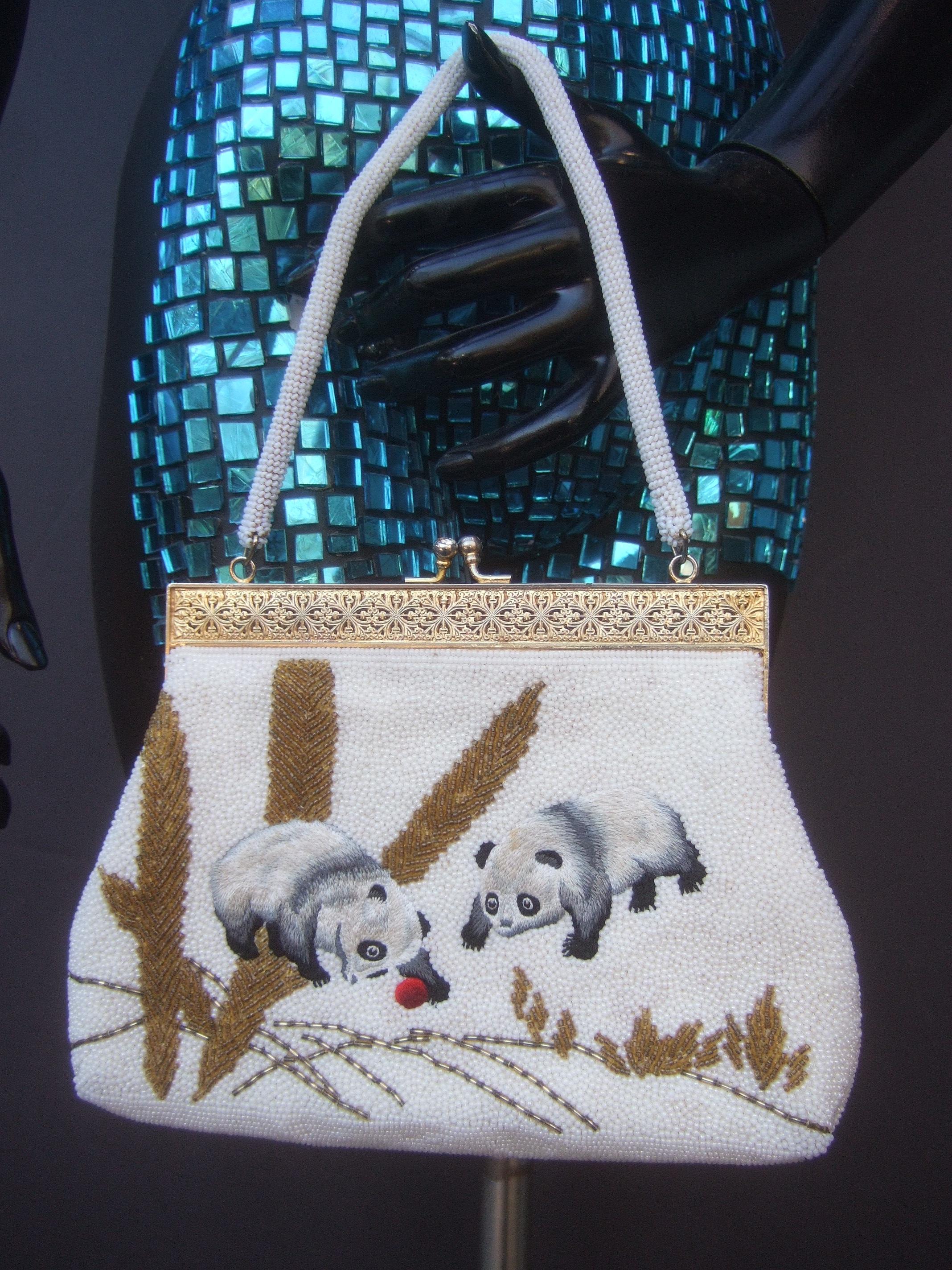 Women's Charming Glass Hand Beaded Embroidered Panda Evening Purse c 1960s 