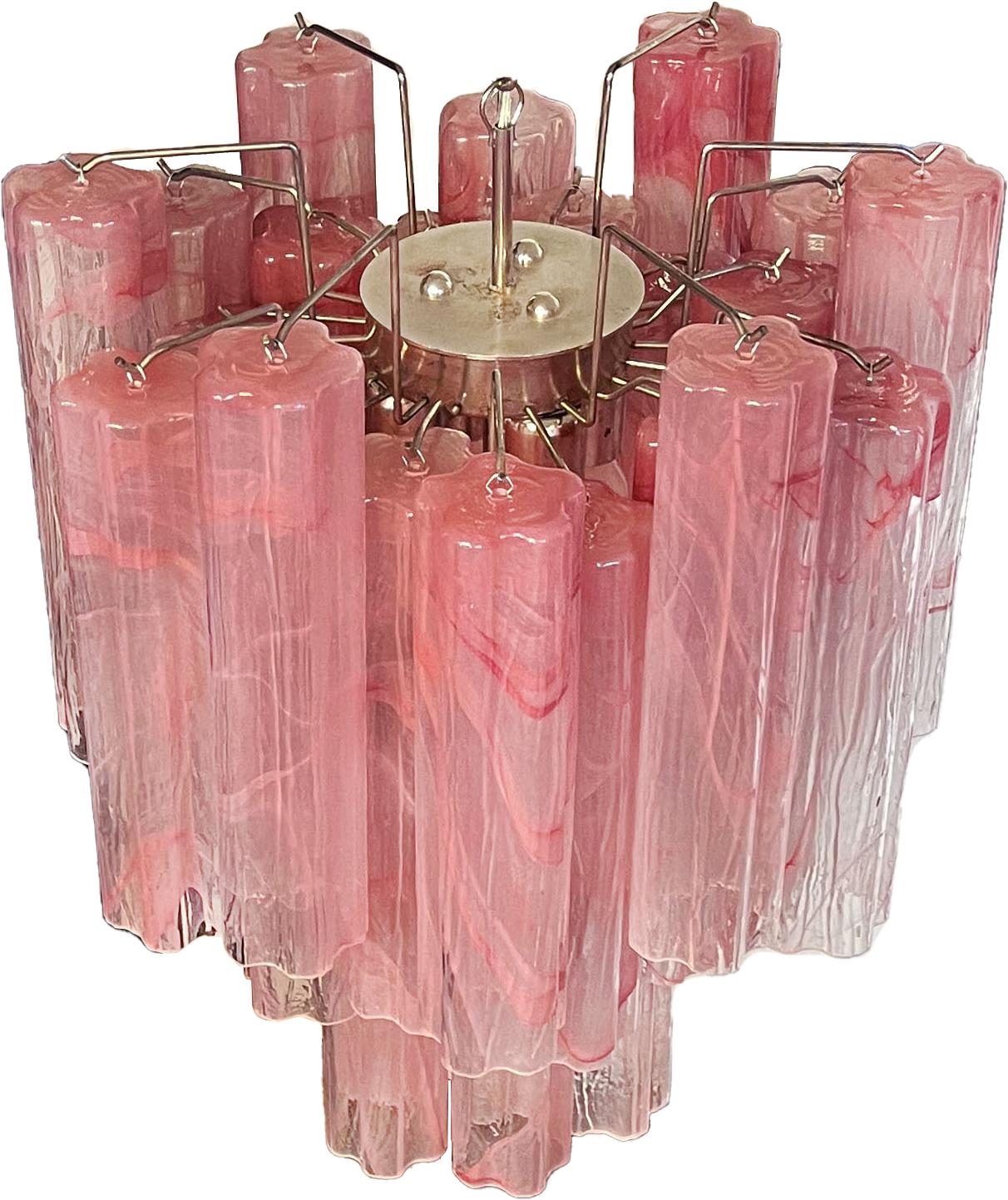 Italian Charming Glass Tube Chandeliers, 30 Albaster Pink Glasses For Sale