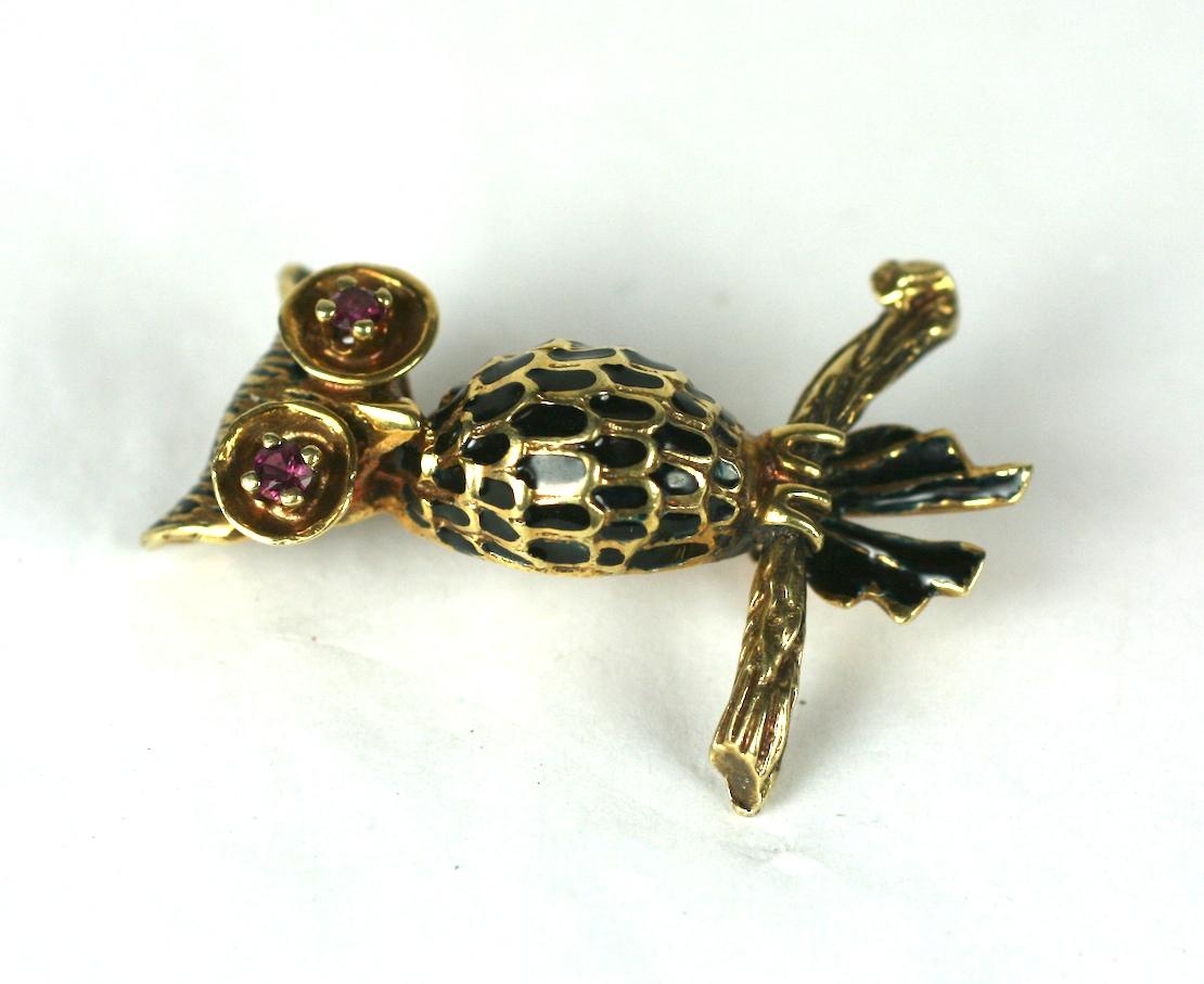 Brilliant Cut Charming Gold and Enamel Owl For Sale