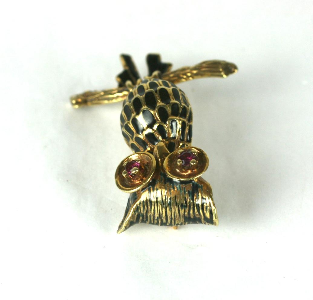 Charming Gold and Enamel Owl In Excellent Condition For Sale In New York, NY