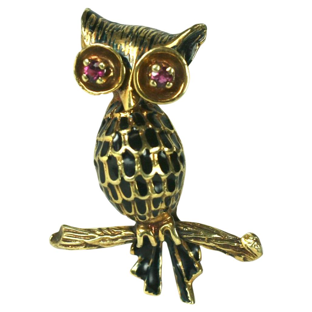 Charming Gold and Enamel Owl For Sale
