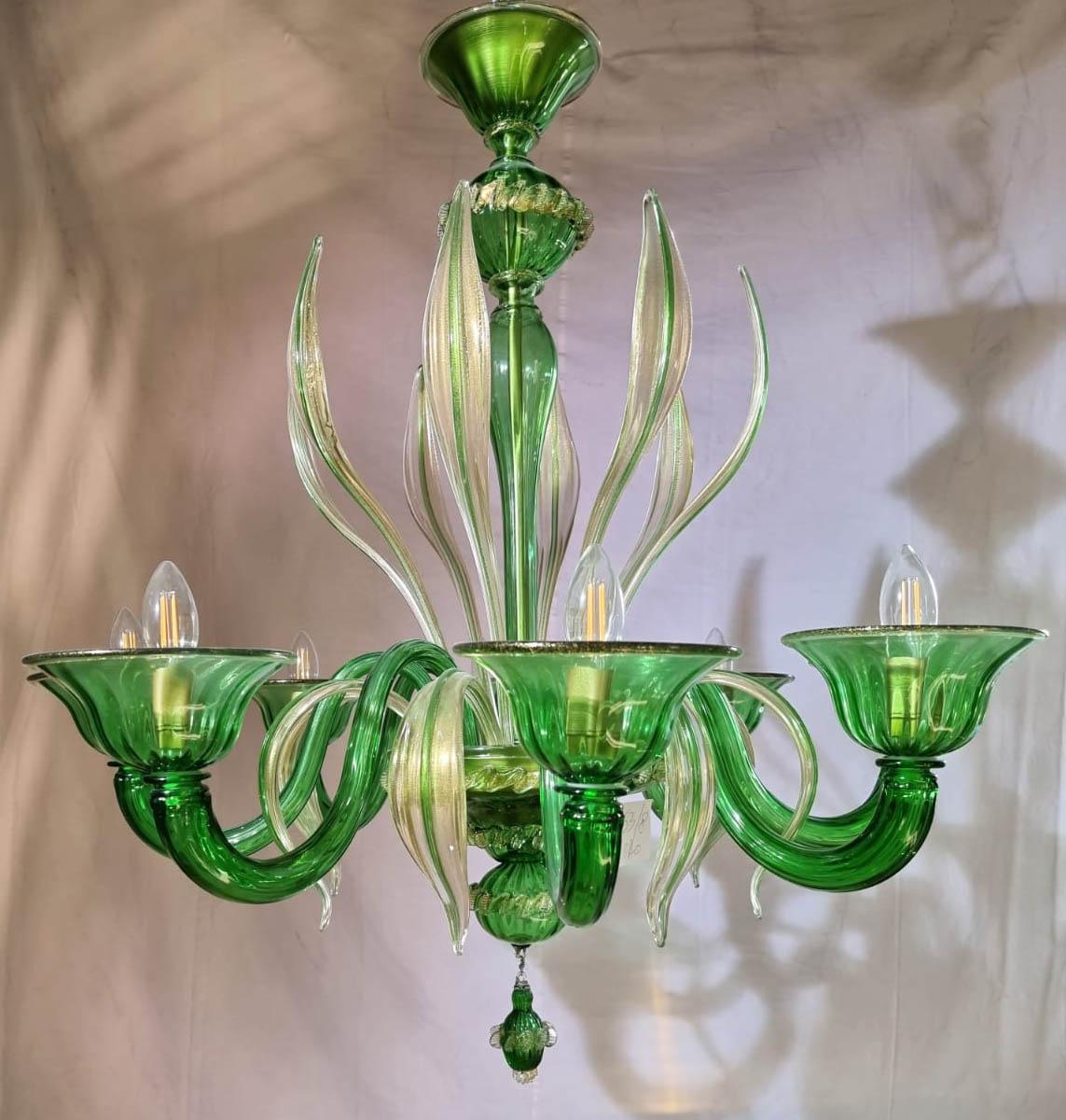 Mid-Century Modern Charming Green Murano Glass Chandelier, Venice, 1990