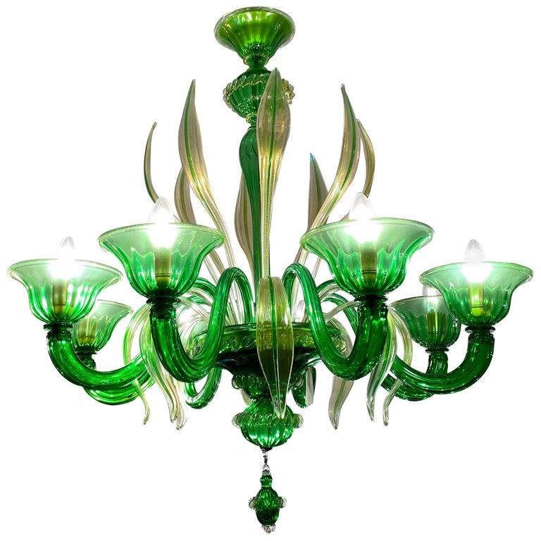 Mid-Century Modern Charming Green Murano Glass Chandelier, Venice, 1990 For Sale