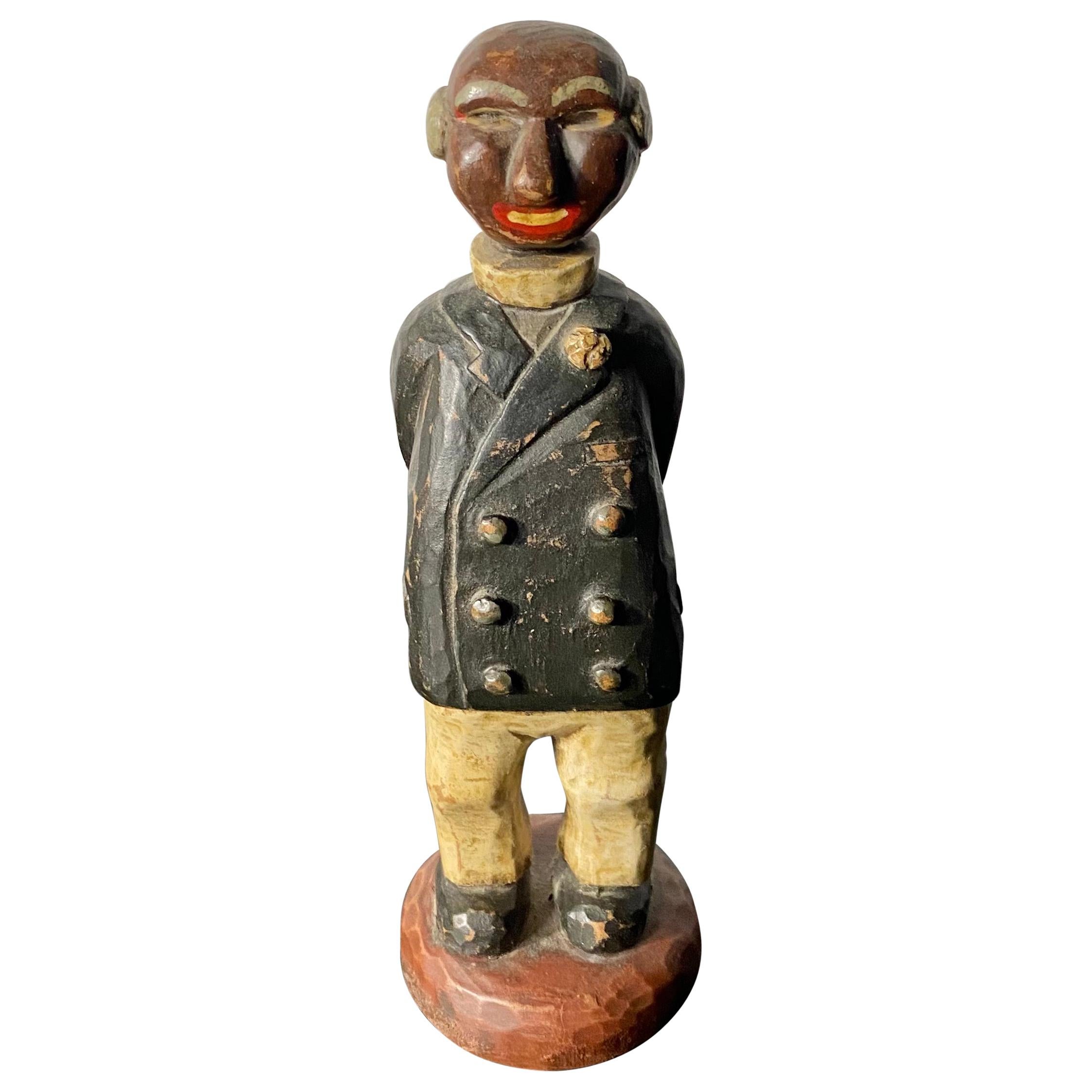 Charming Hand Carved and Painted  Folk Art Man Sculpture, by R.Holland