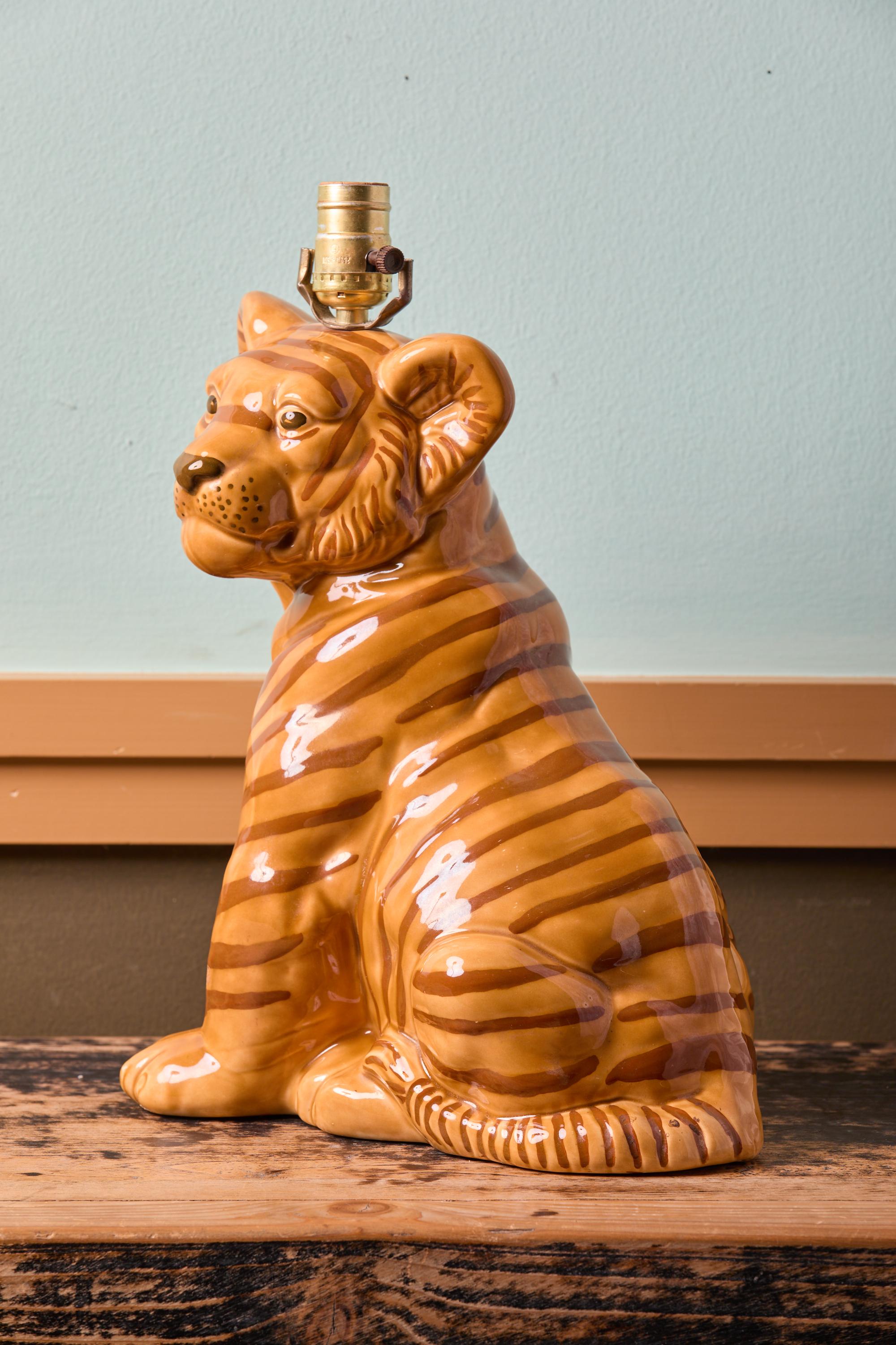 American Charming Hand-Made and Hand-Painted Tiger Lamp For Sale