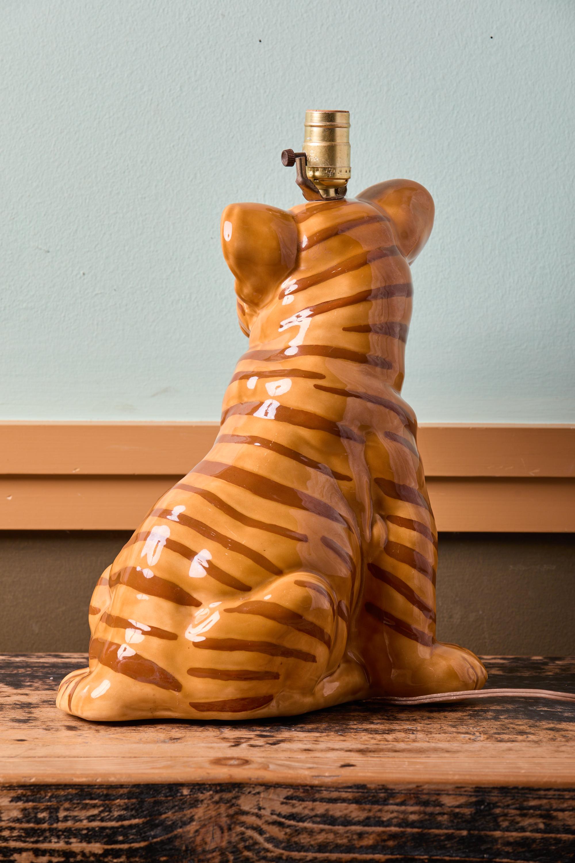 Charming Hand-Made and Hand-Painted Tiger Lamp In Good Condition For Sale In Houston, TX