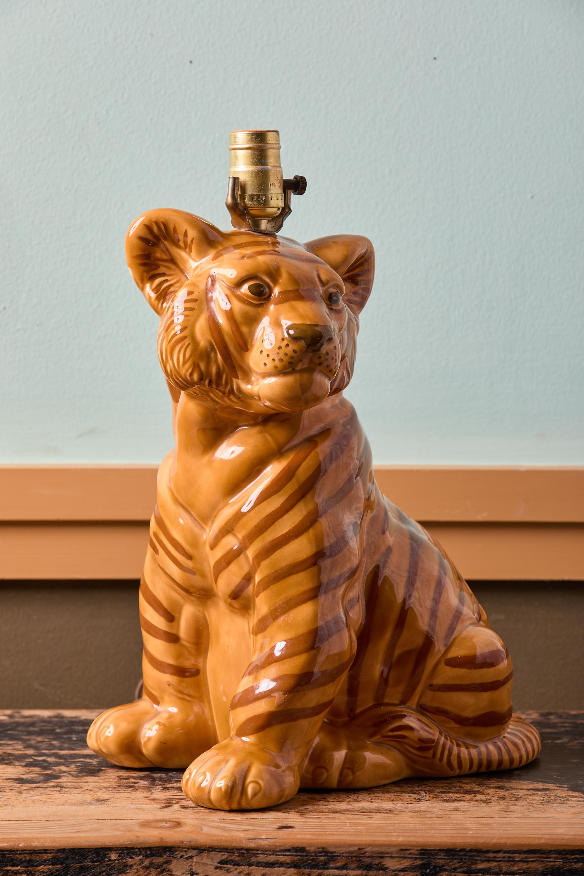 Ceramic Charming Hand-Made and Hand-Painted Tiger Lamp For Sale