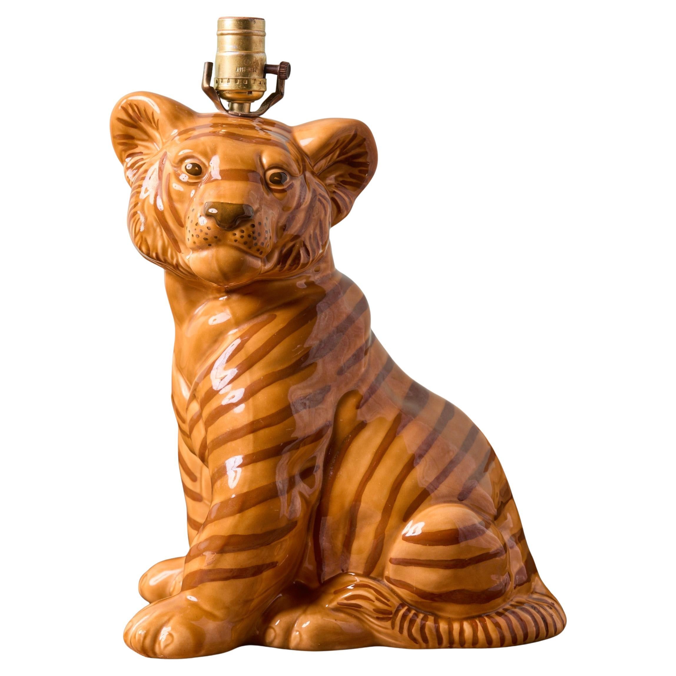 Charming Hand-Made and Hand-Painted Tiger Lamp For Sale