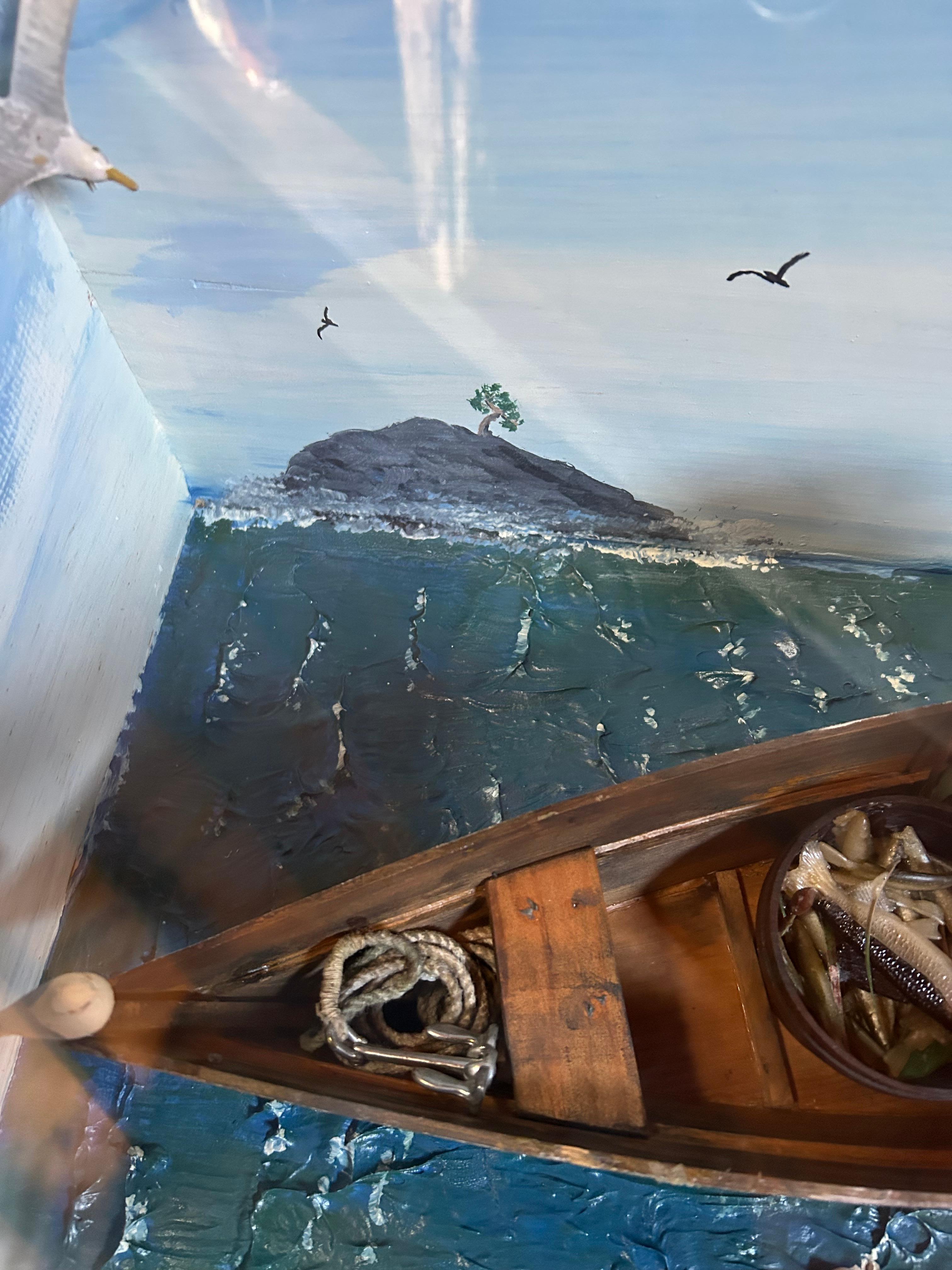 Encantadora Caja de Sombras Hand Made Diorama de Pescador de Maine en venta 5