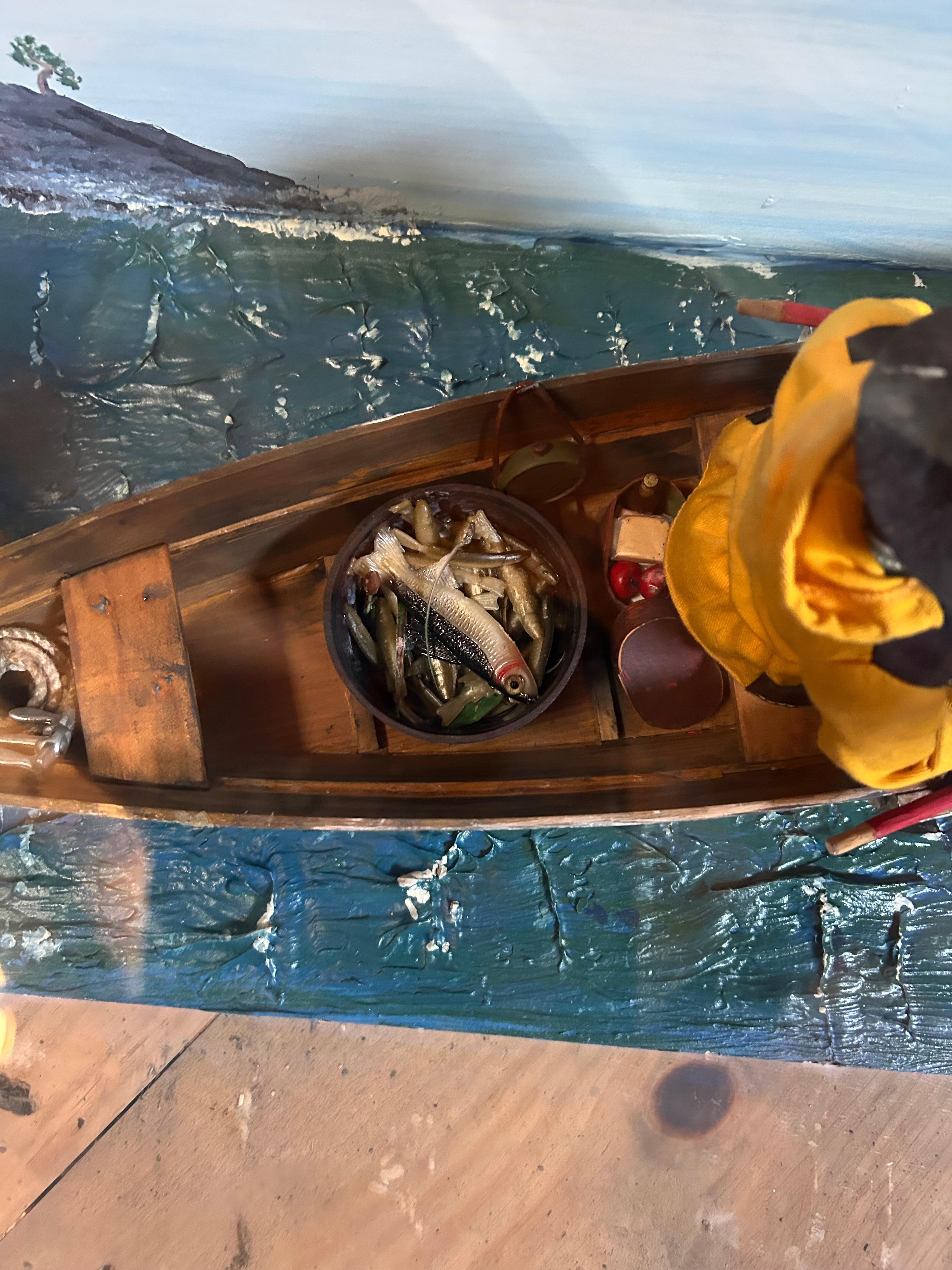 Encantadora Caja de Sombras Hand Made Diorama de Pescador de Maine mediados del siglo XX en venta