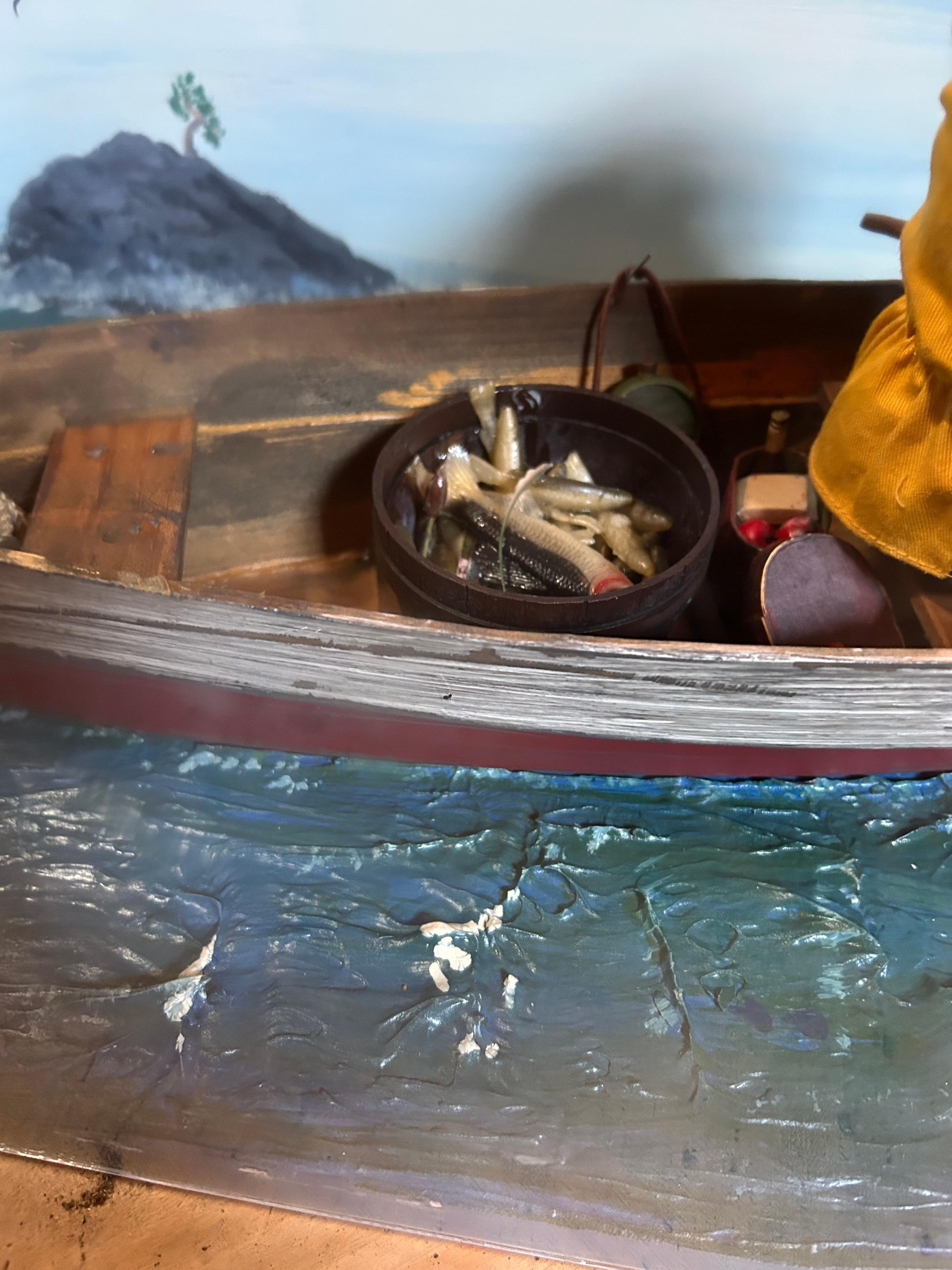 Encantadora Caja de Sombras Hand Made Diorama de Pescador de Maine en venta 1