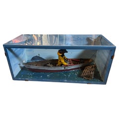 Vintage Charming Hand Made Diorama Shadow Box of Maine Fisherman