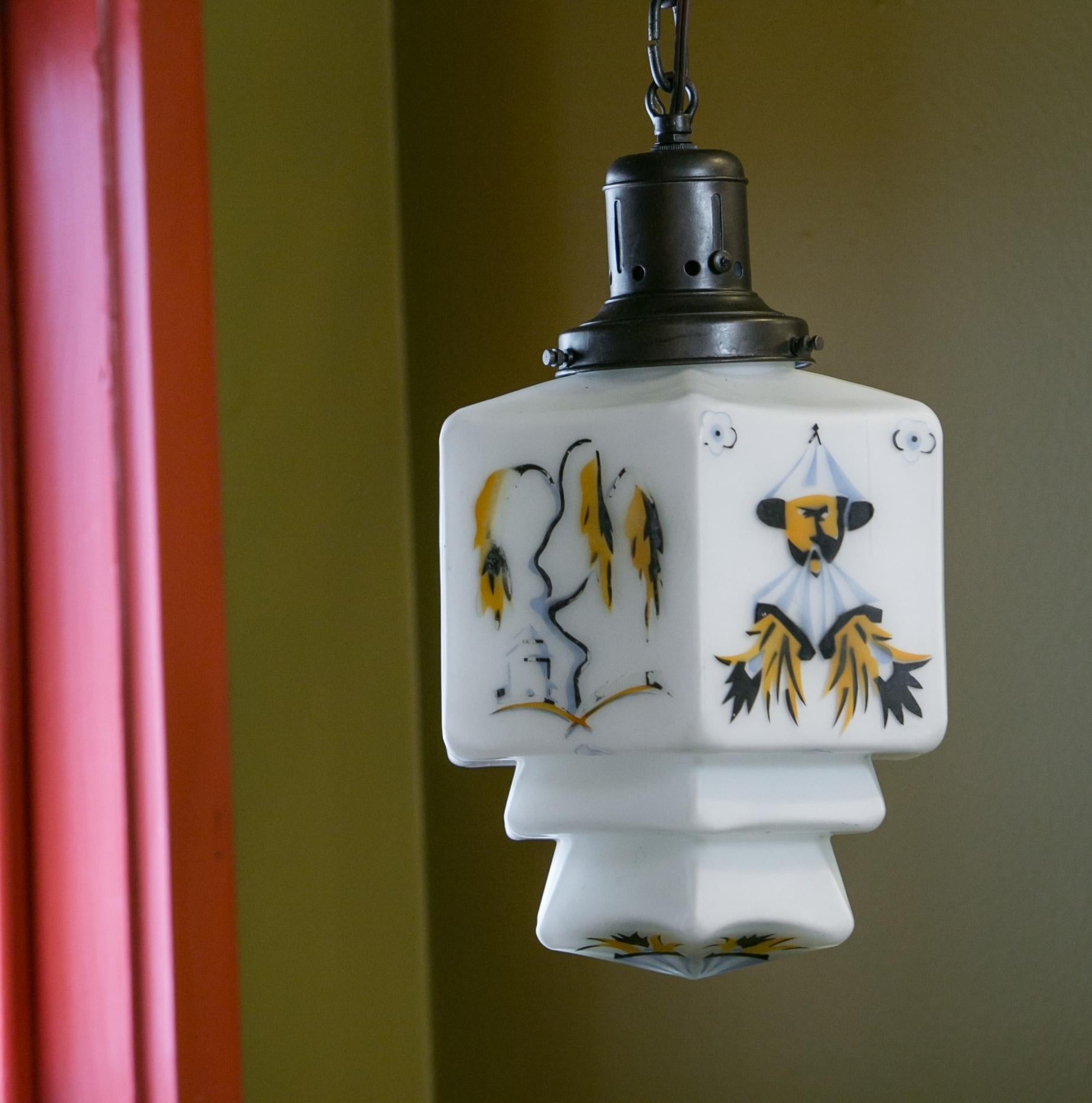 Charming Hand-Painted Milk Glass Chinoiserie Pendant with an Art Deco Influence In Good Condition In Houston, TX