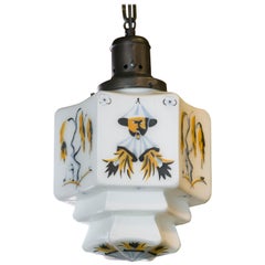 Charming Hand-Painted Milk Glass Chinoiserie Pendant with an Art Deco Influence