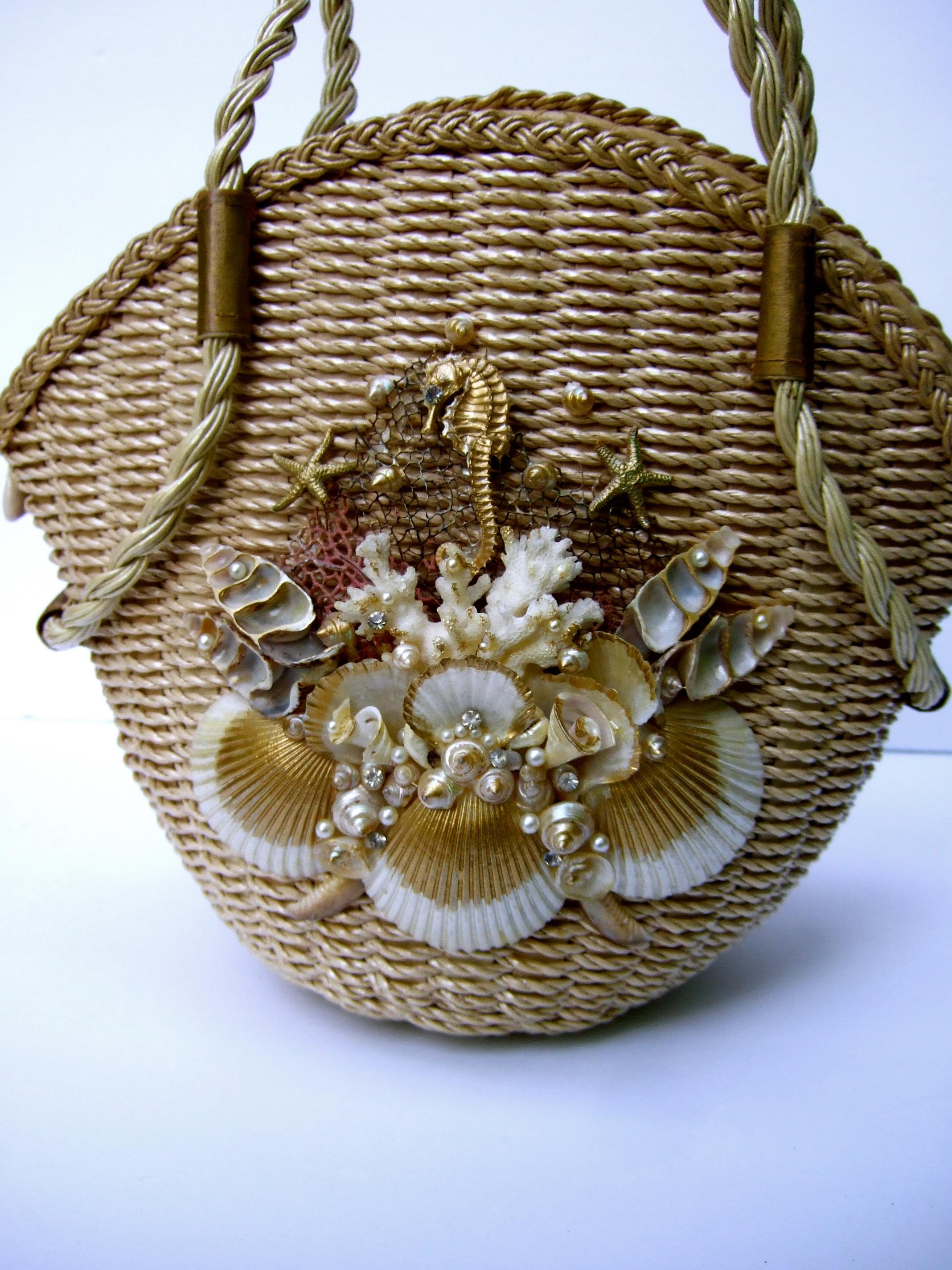 Women's Charming Handmade Artisan Sea Life Woven Wicker Rope Summer Handbag c 1970 For Sale
