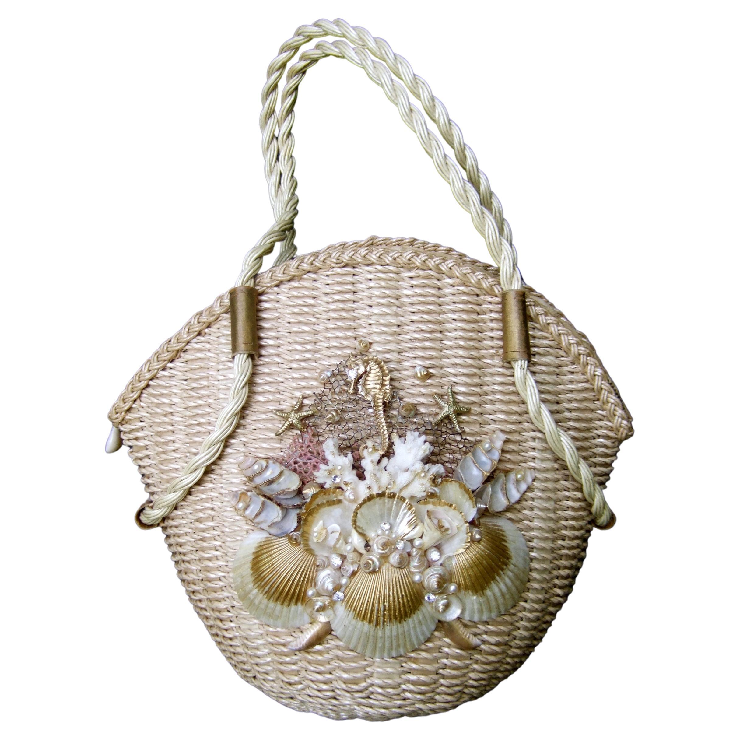 Charming Handmade Artisan Sea Life Woven Wicker Rope Summer Handbag c 1970 For Sale