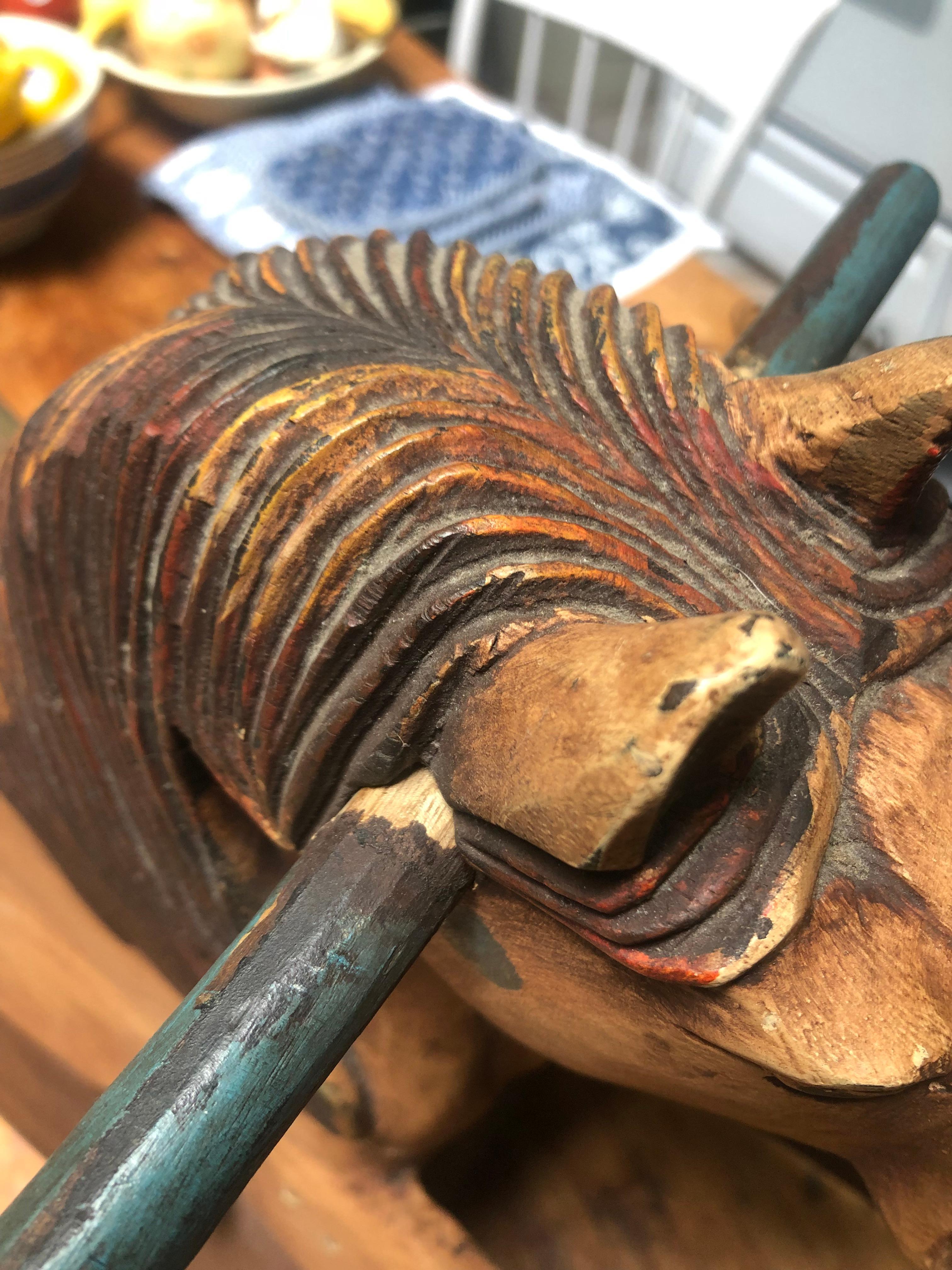 Charming Handmade Carved Wood Folk Art Rocking Horse Sculpture Toy In Good Condition In Hopewell, NJ