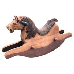 Charming Handmade Carved Wood Folk Art Rocking Horse Sculpture Toy