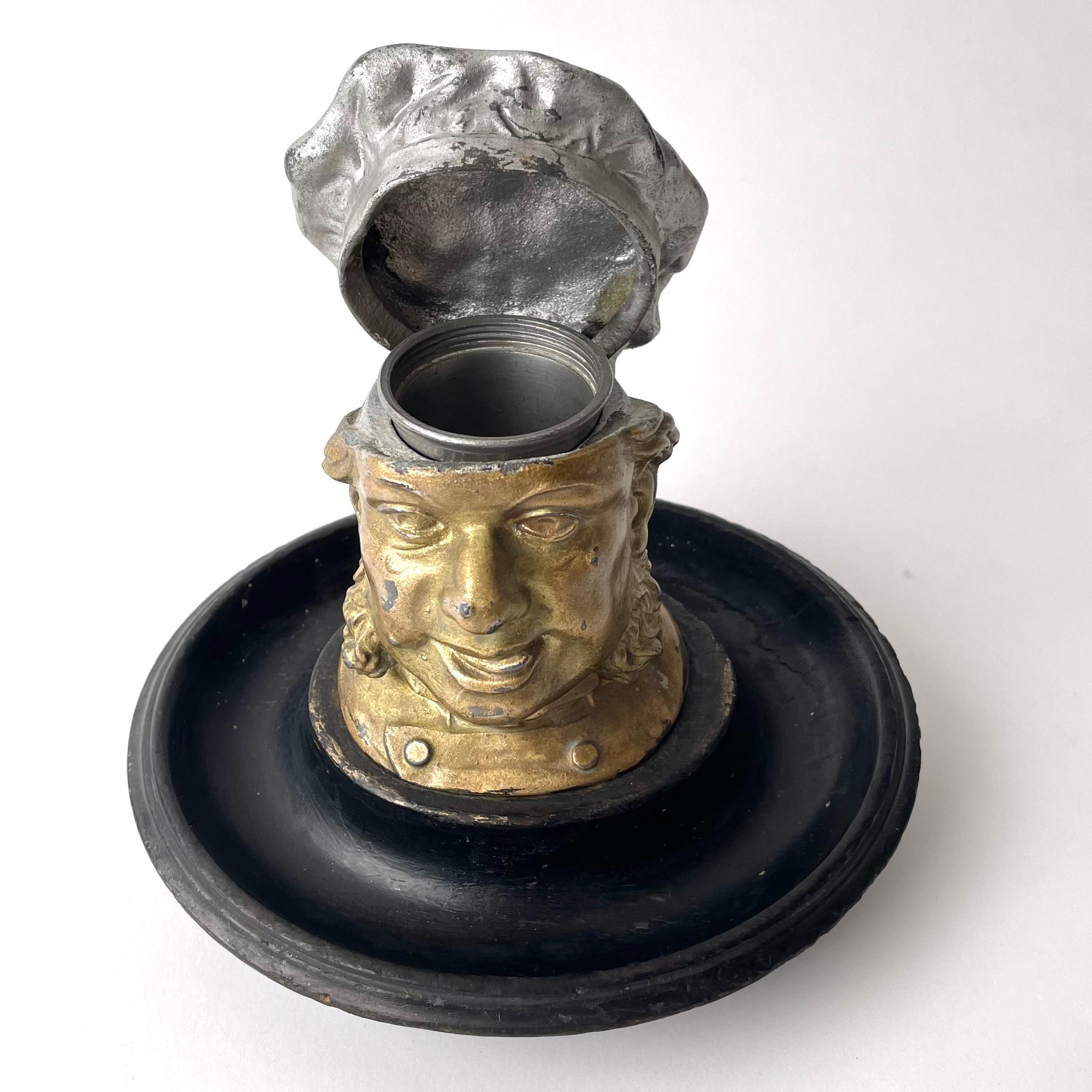 English Charming Headshaped Ink Stand, Gilt White Metal Patinated Wood 19th C. England For Sale