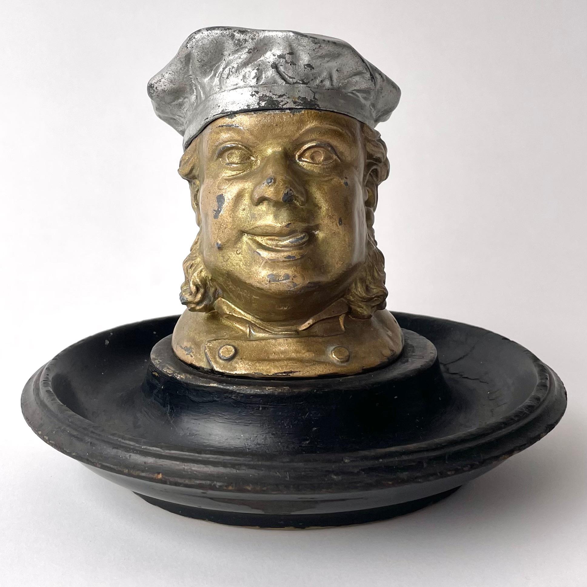 Charming Headshaped Ink Stand, Gilt White Metal Patinated Wood 19th C. England In Good Condition For Sale In Knivsta, SE
