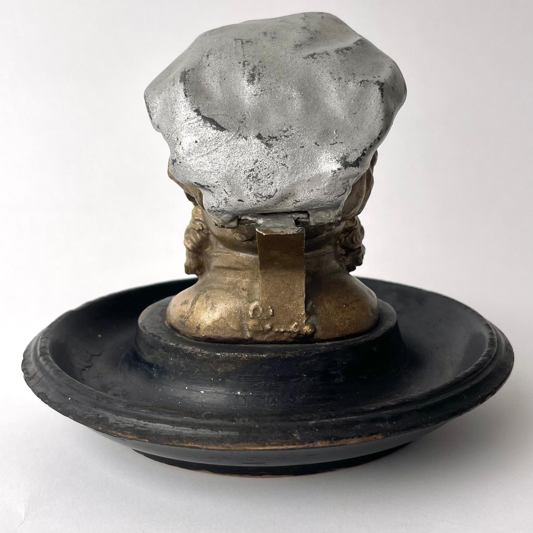 19th Century Charming Headshaped Ink Stand, Gilt White Metal Patinated Wood 19th C. England For Sale