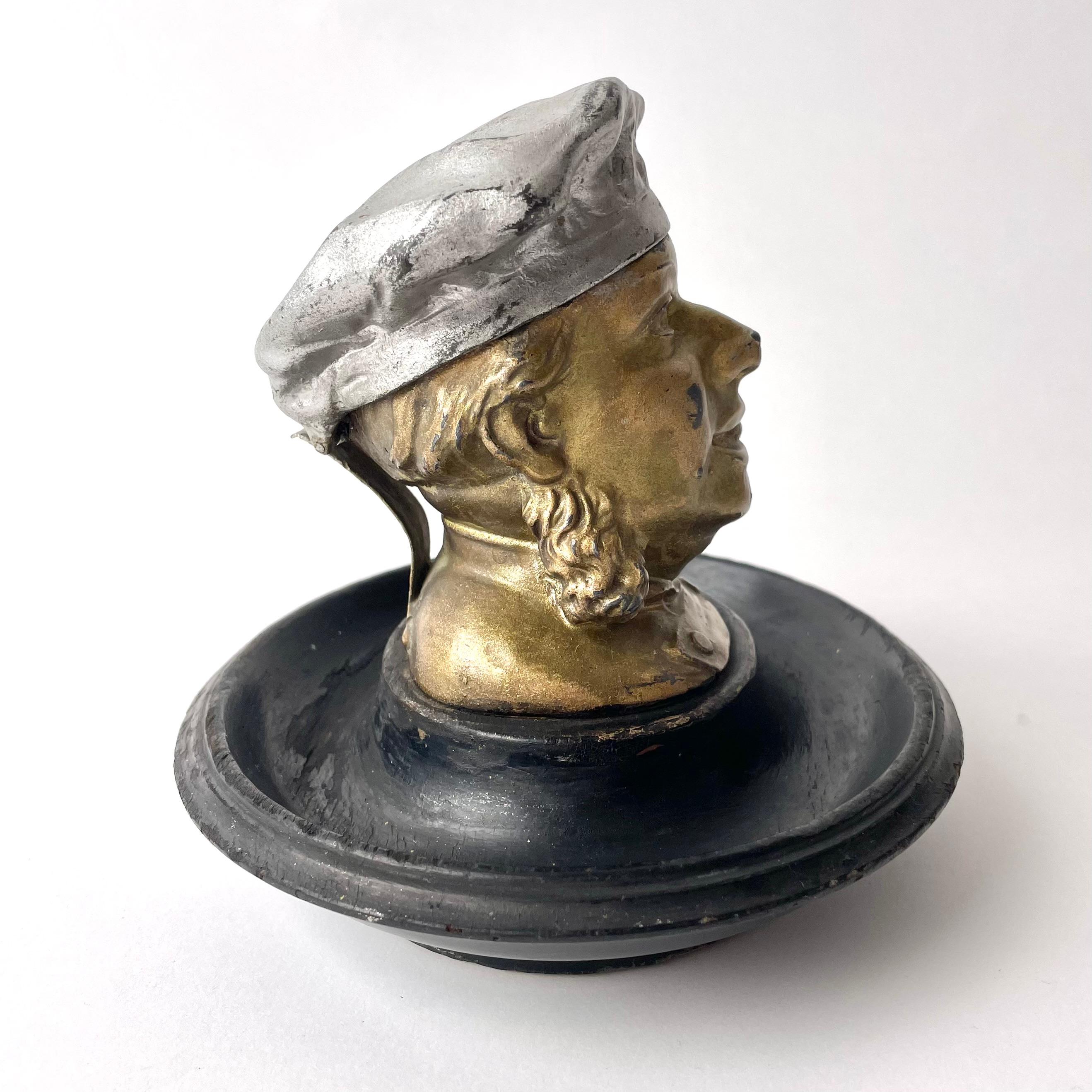 Charming Headshaped Ink Stand, Gilt White Metal Patinated Wood 19th C. England For Sale 1