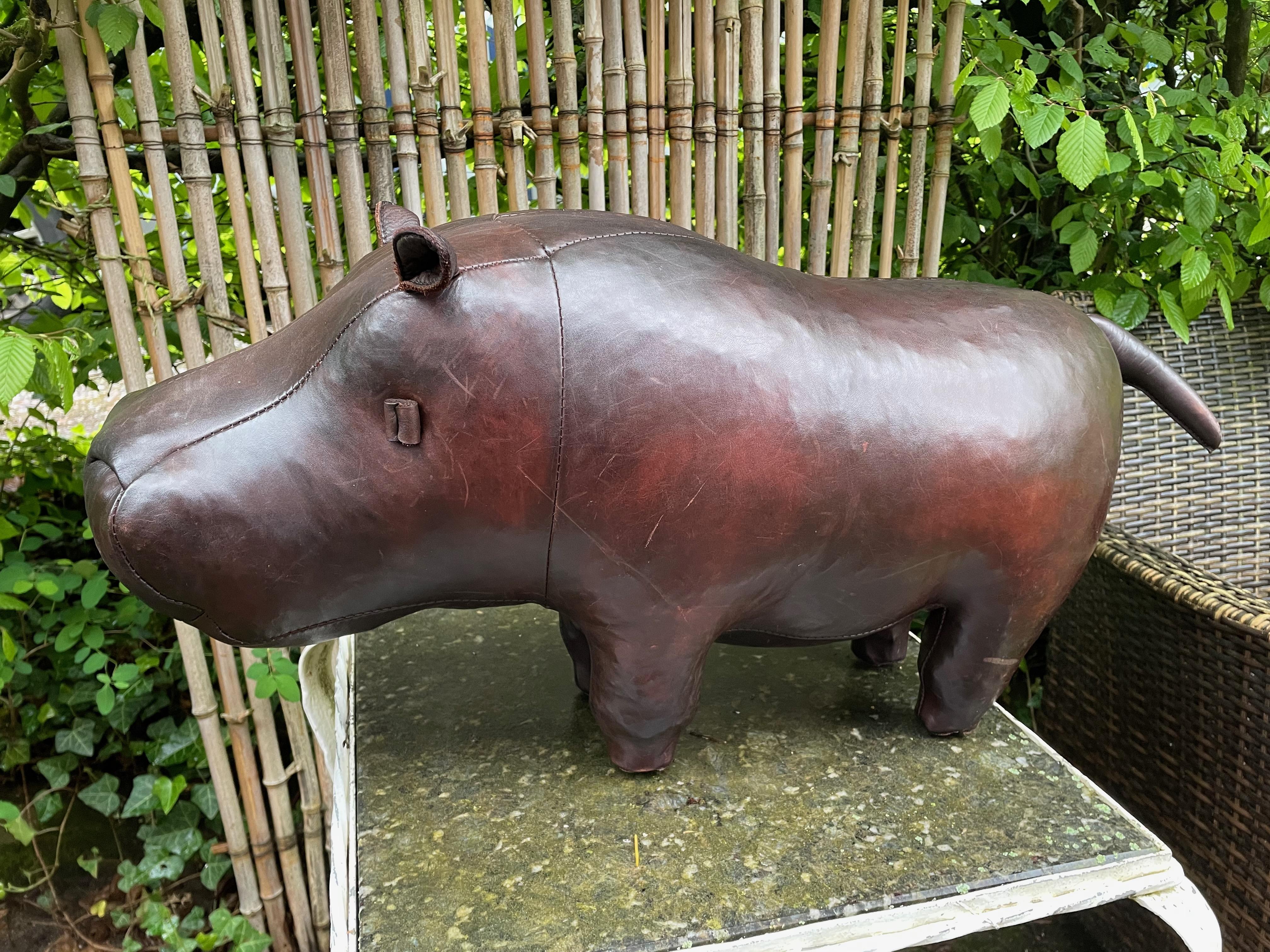 Modern Charming hippopotamus by Dimitri Omersa. Leather footstool. For Sale
